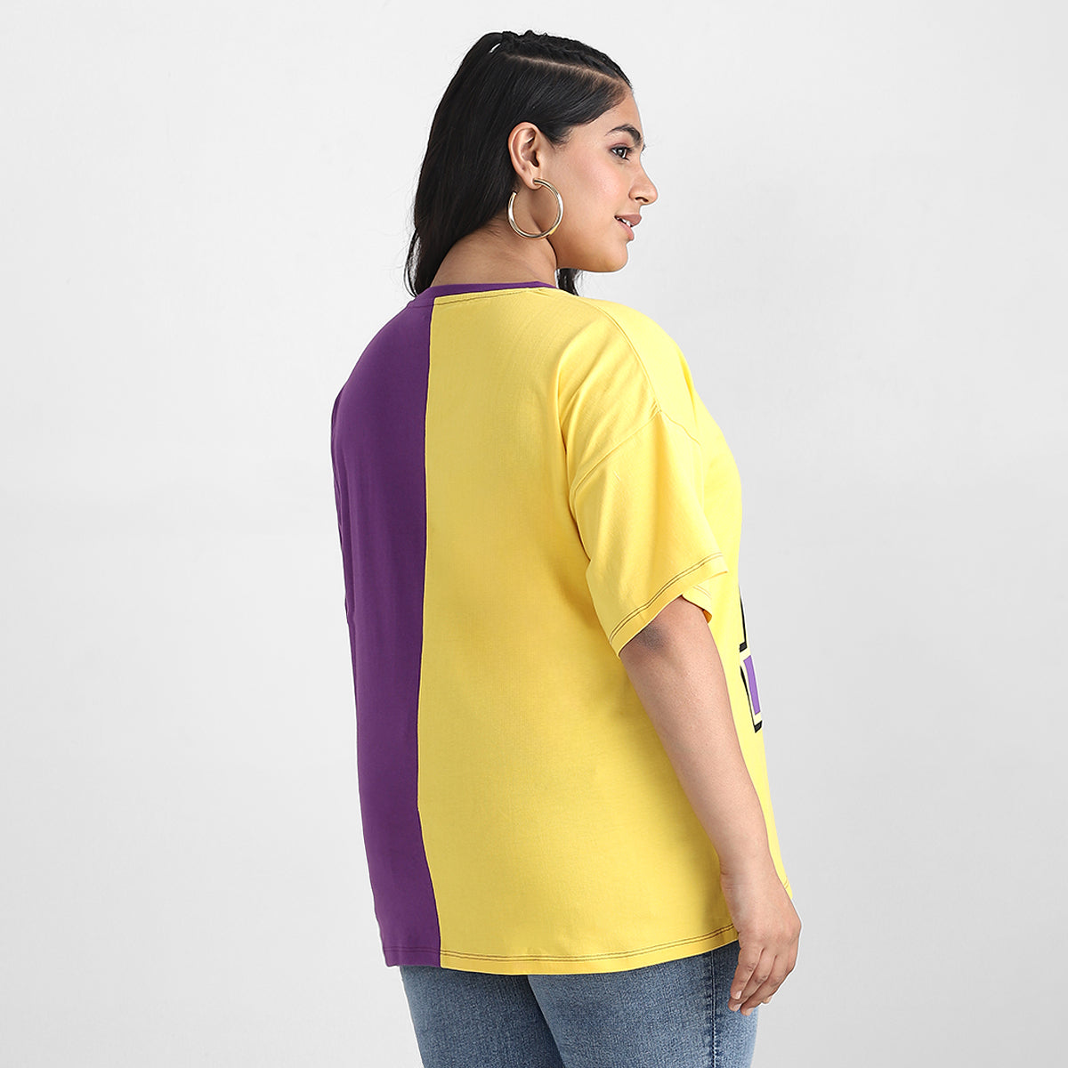 Purple-Yellow Color Block Plus Size Chest Print Cotton Tee back view