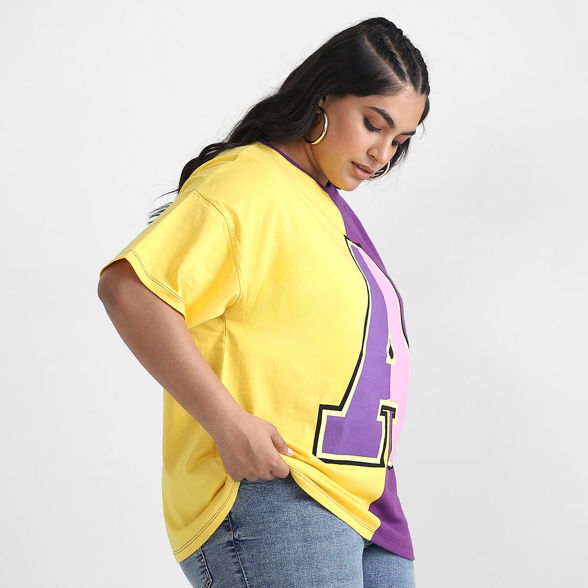 Purple-Yellow Color Block Plus Size Chest Print Cotton Tee