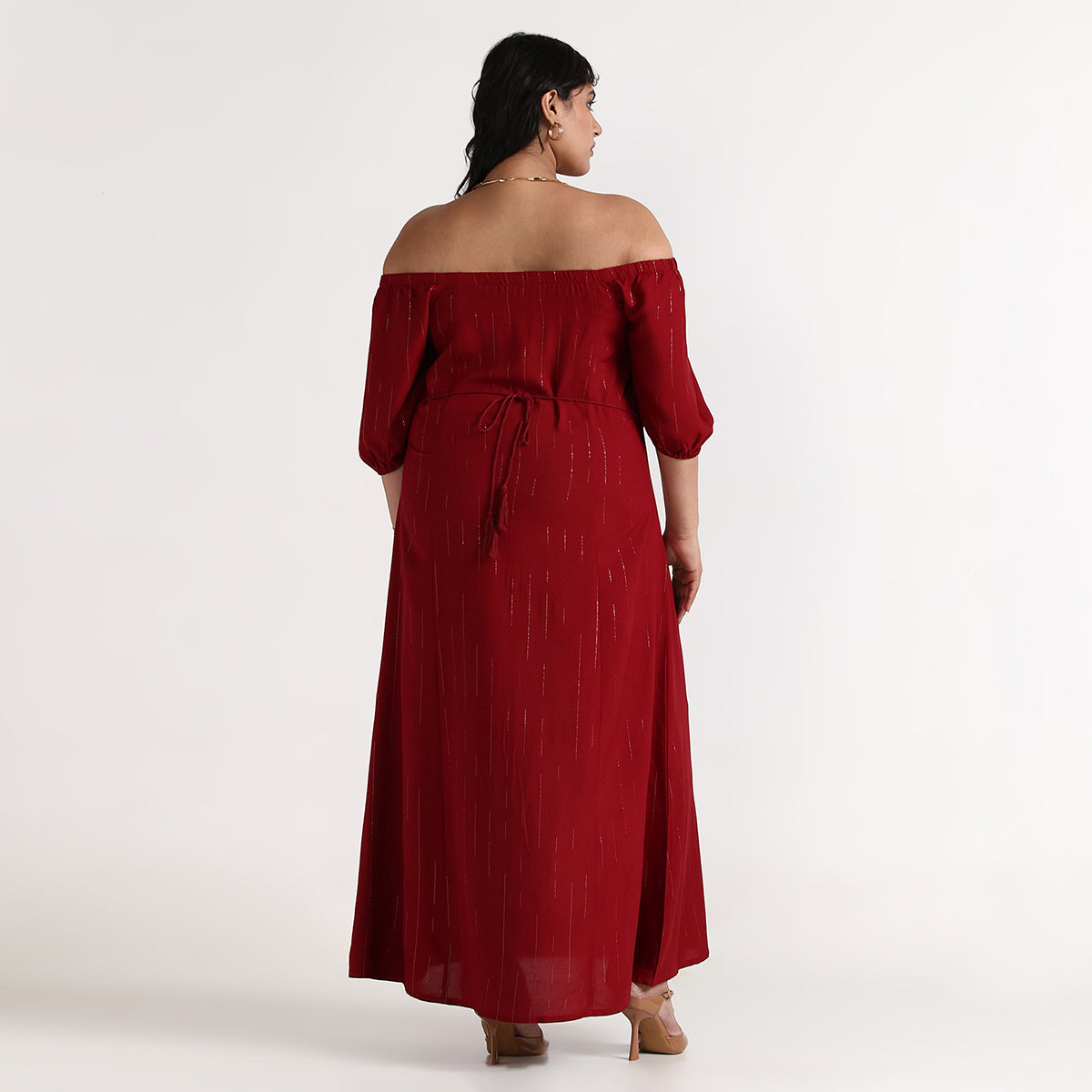 Plus Size Red Lurex Striped Off-Shoulder Maxi Dress by CALAE | Sizes Available L to 7XL