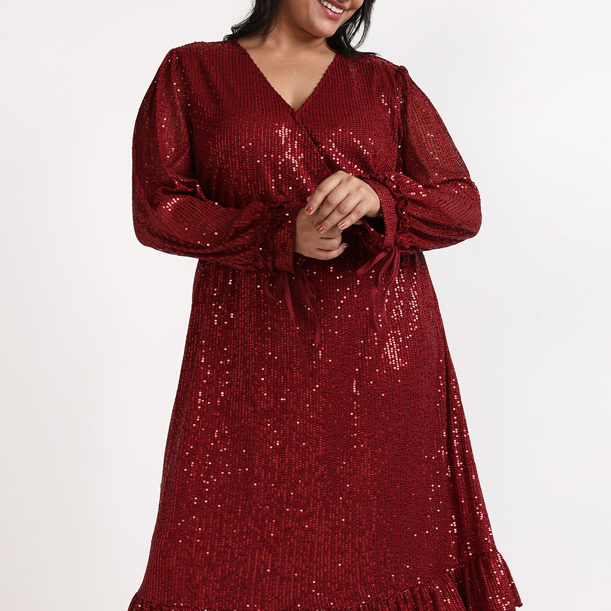 Plus Size Maroon Sequin Overlap Maxi Dress by CALAE | Sizes Available L to 7XL
