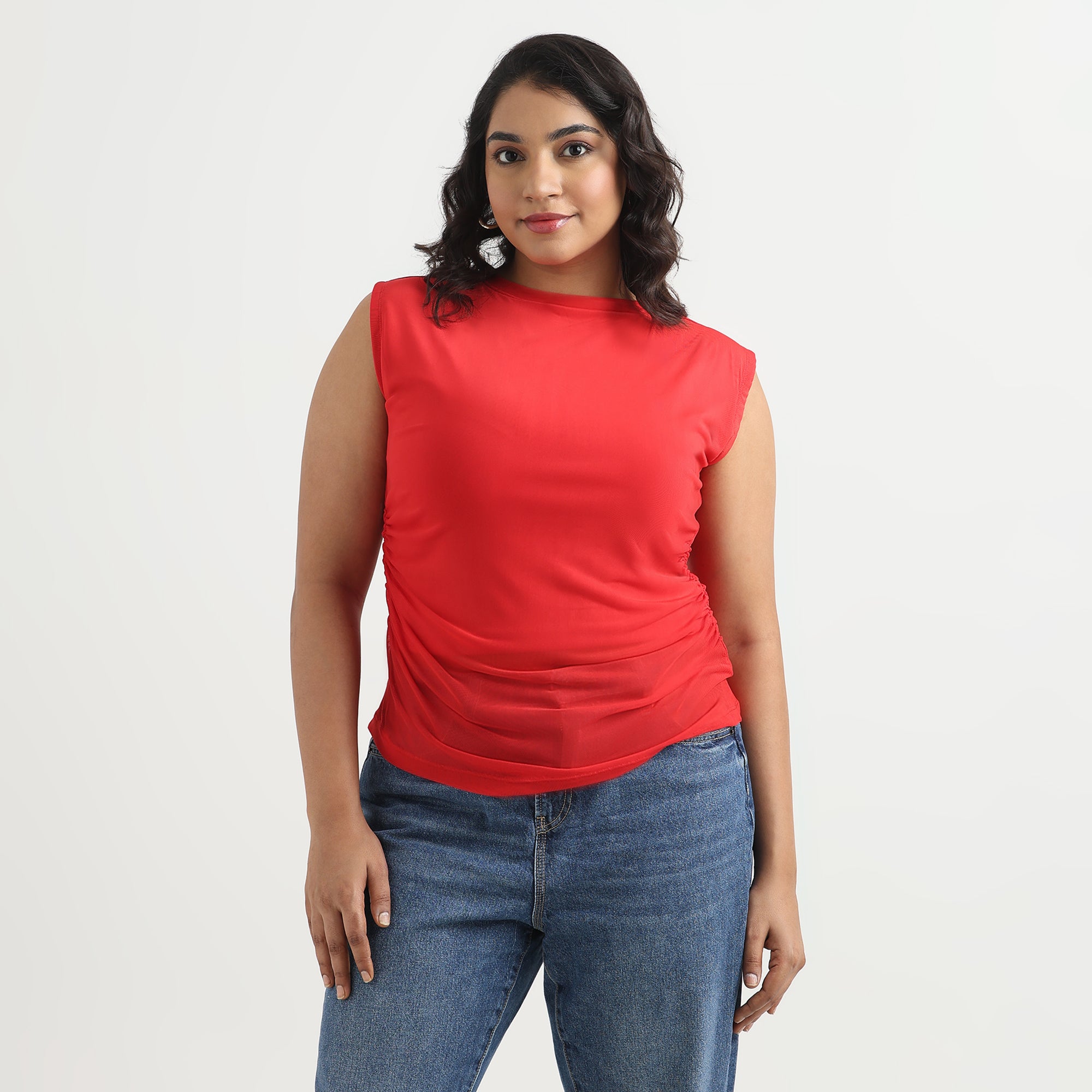 Red Ruched Sleeveless Plus Size Mesh Top