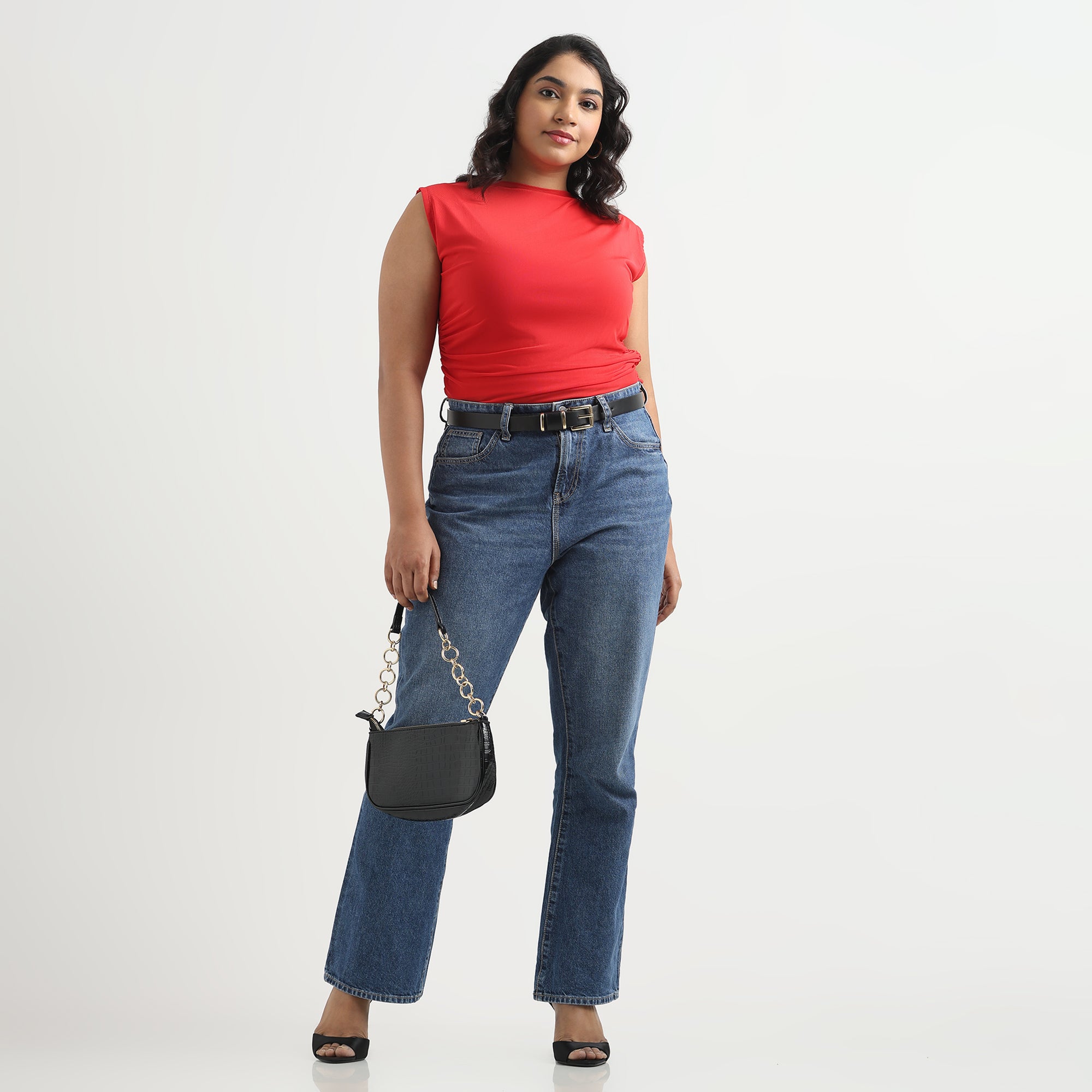 Red Ruched Sleeveless Plus Size Mesh Top