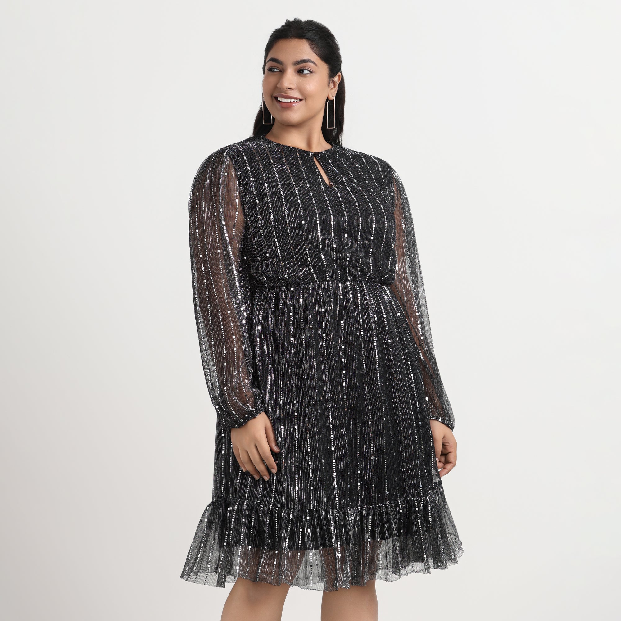 Silver Knit Pleated Plus Size Keyhole Dress by Calae Sizes