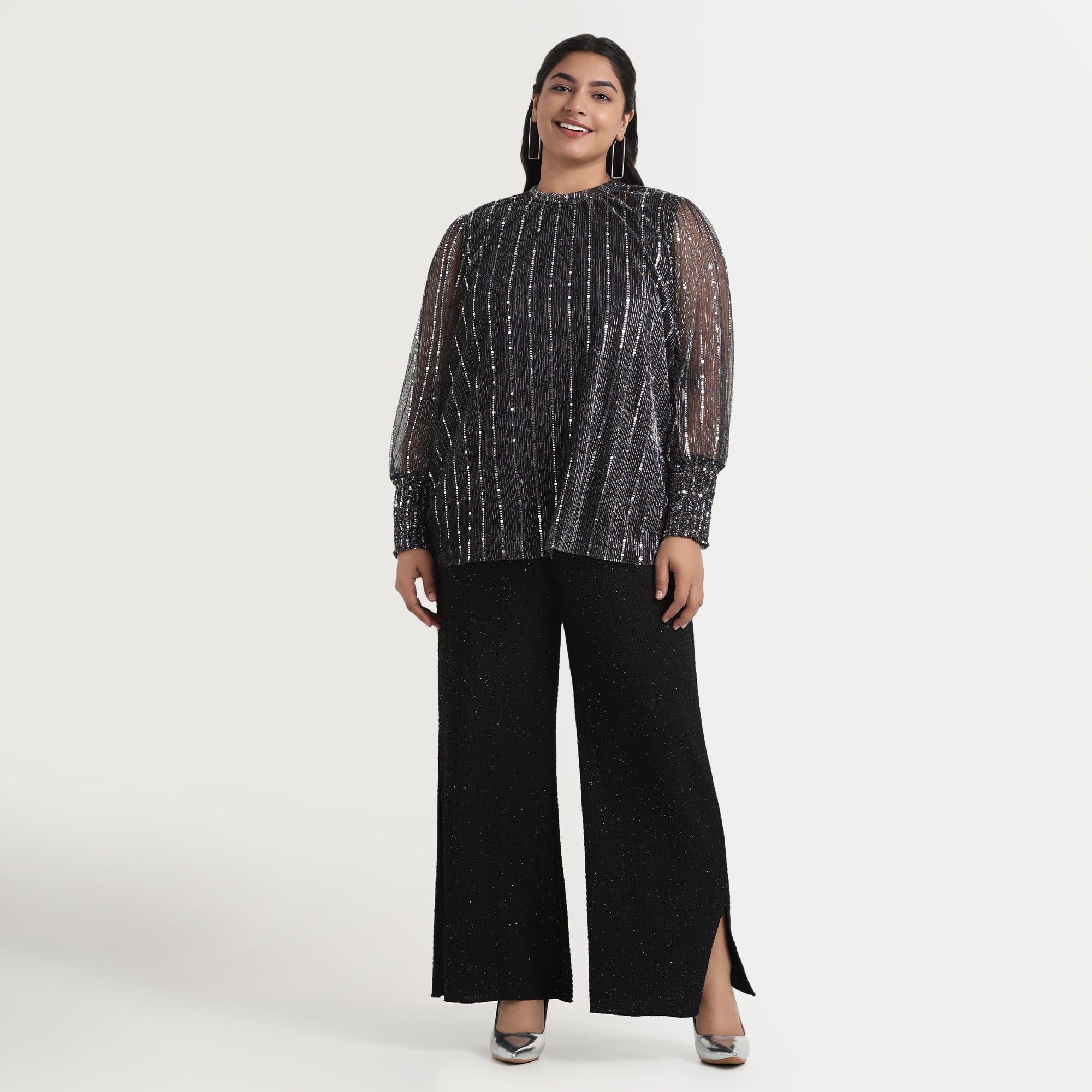 Silver pleated blouse for plus-size, with shiny fabric
