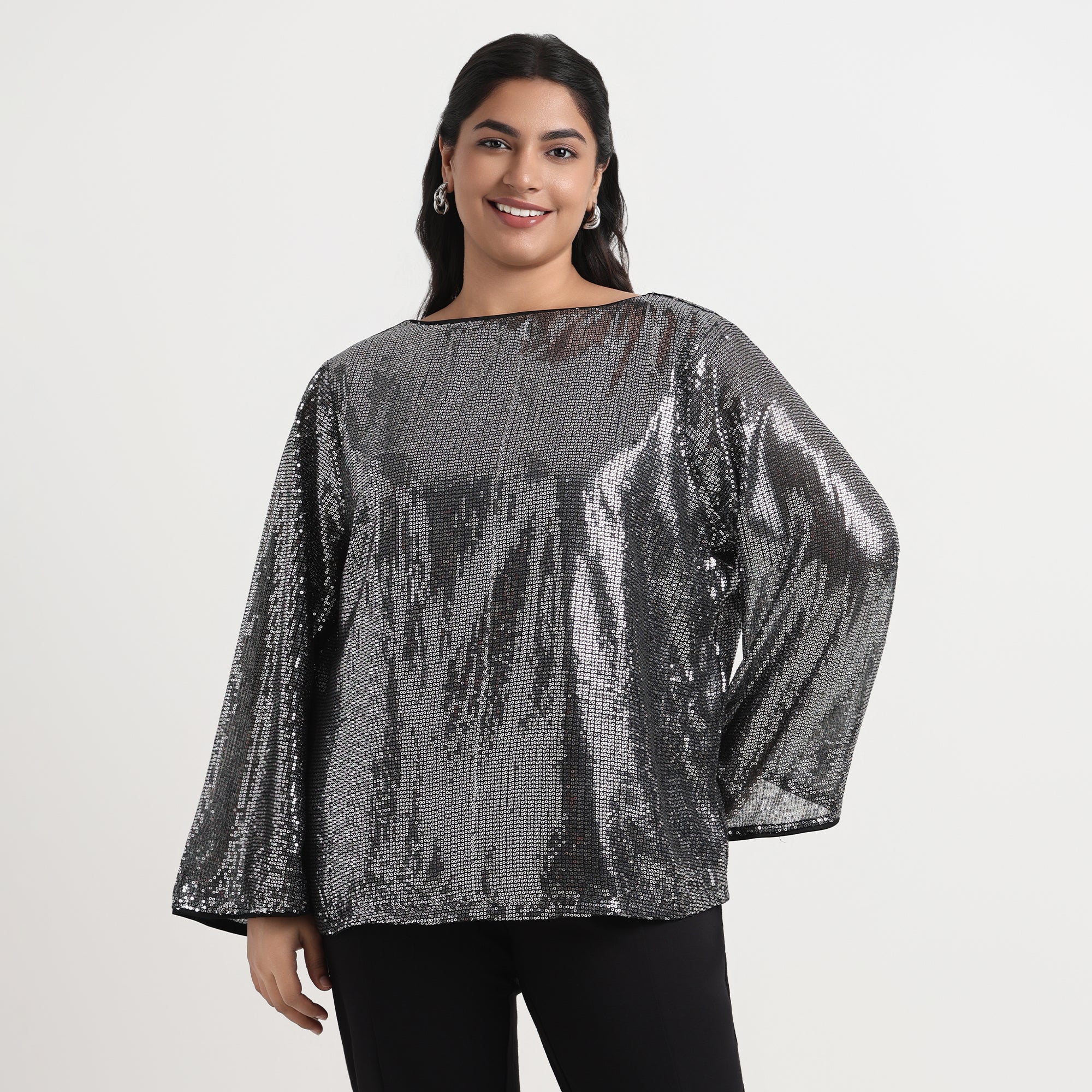 Plus-Size Silver Flared Sleeves Sequin Top by CALAE Sizes Available L to 5XL