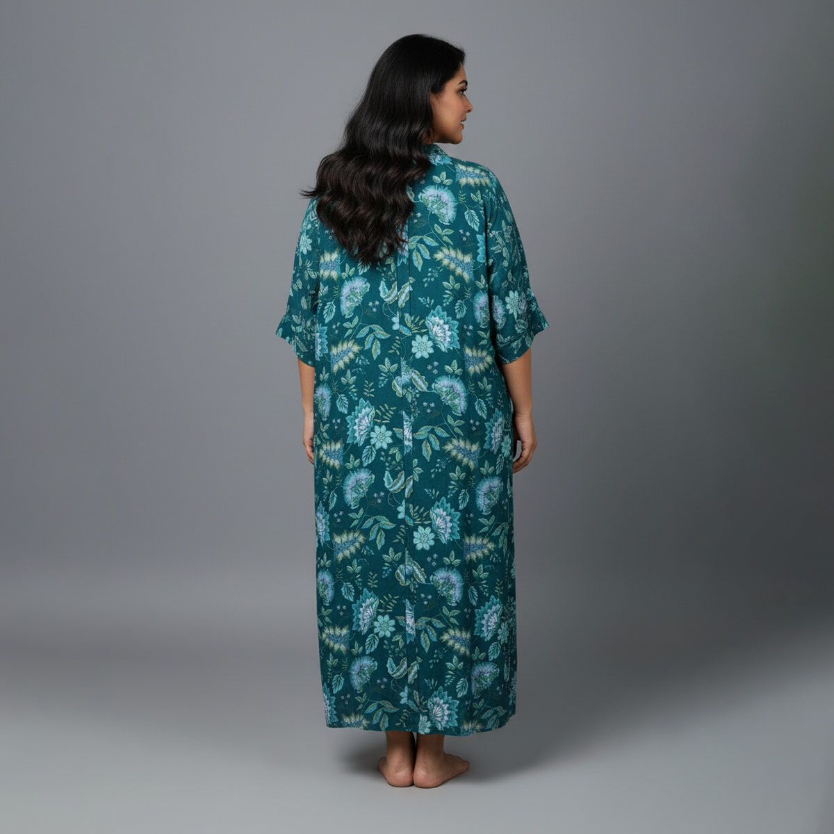 Teal Viscose Satin Floral Printed Nightdress