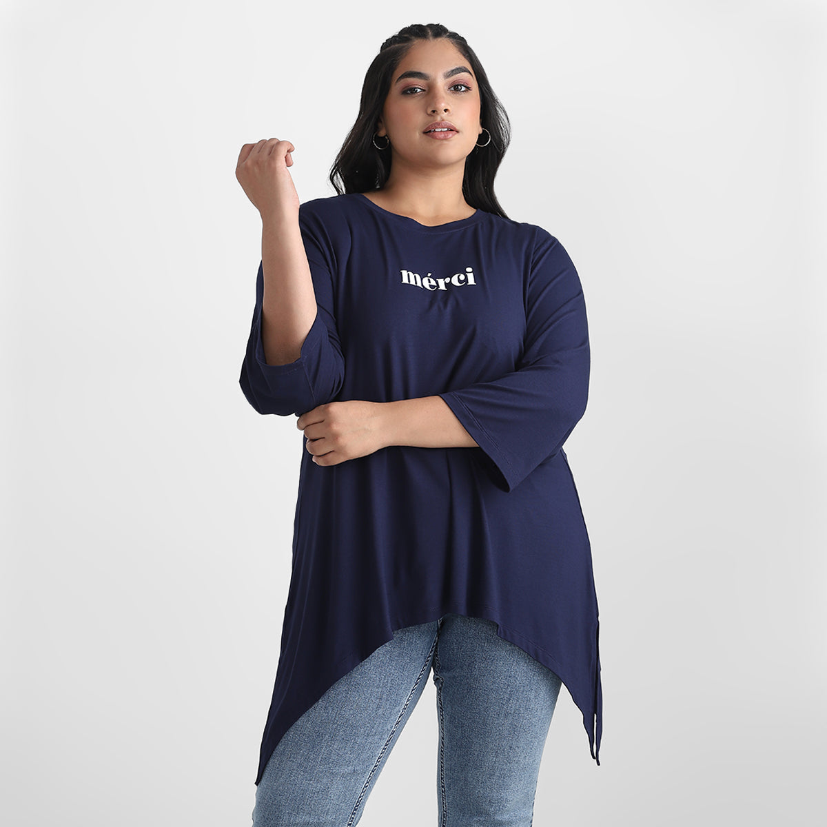 Navy Viscose Jersey Printed Plus Size Top