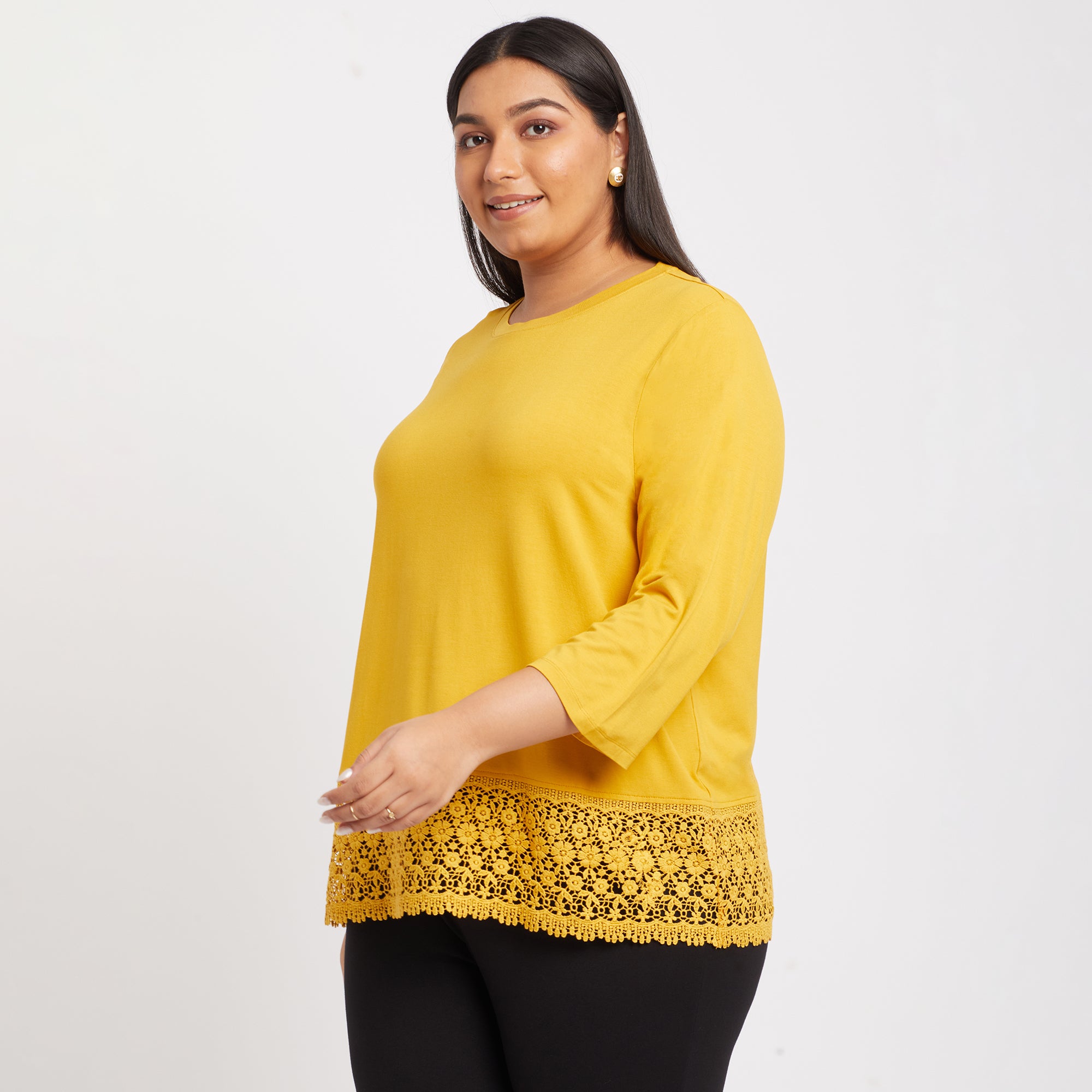 Lace Insert Mustard Plus Size Viscose Top