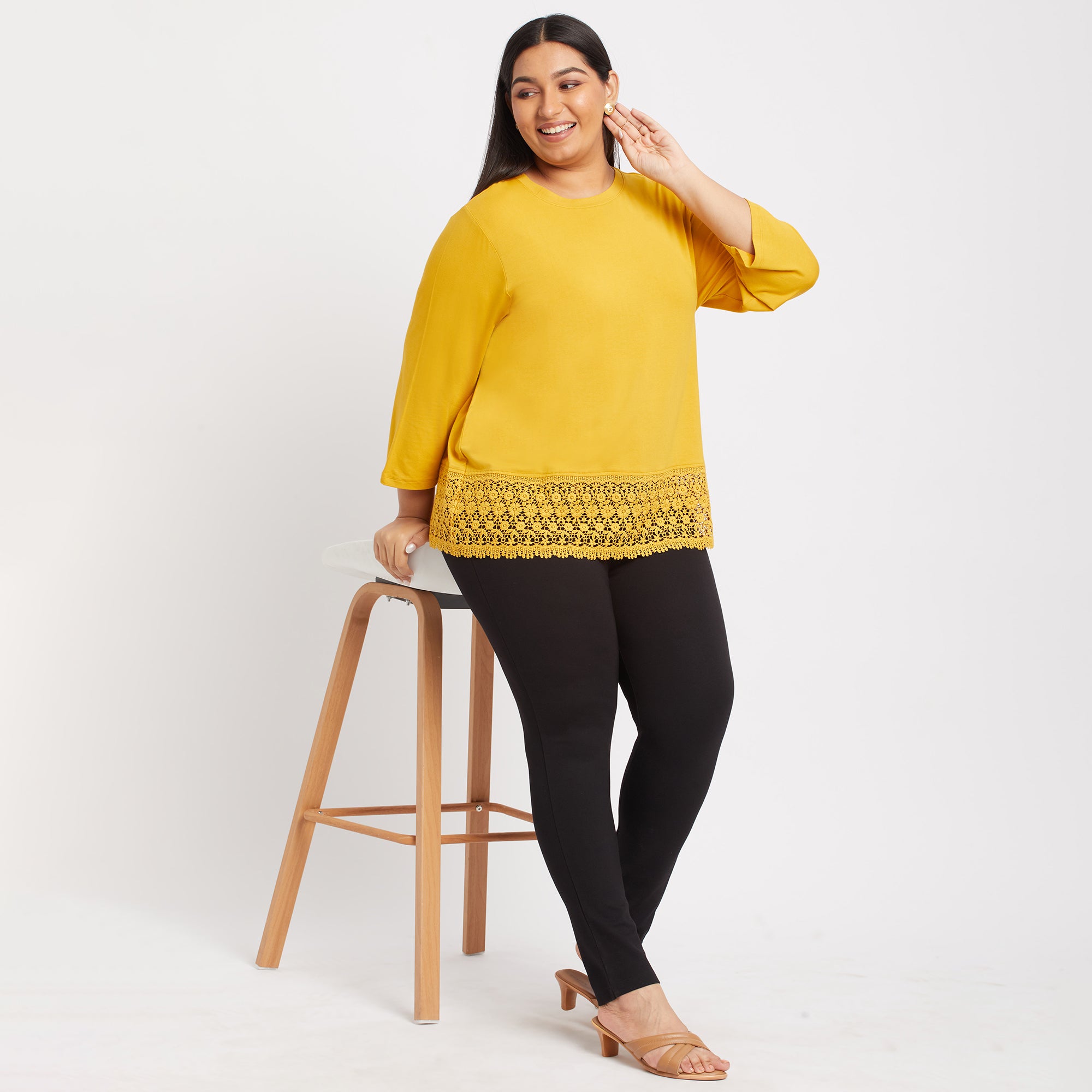Lace Insert Mustard Plus Size Viscose Top