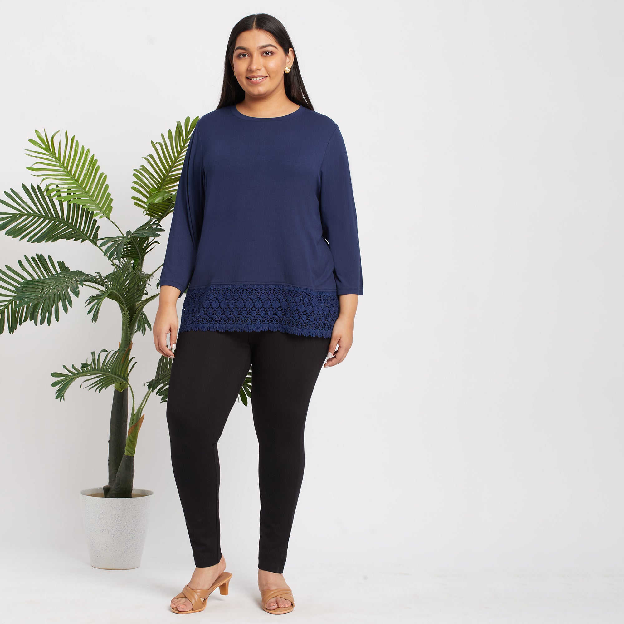 Lace Insert Navy Plus Size Viscose Top