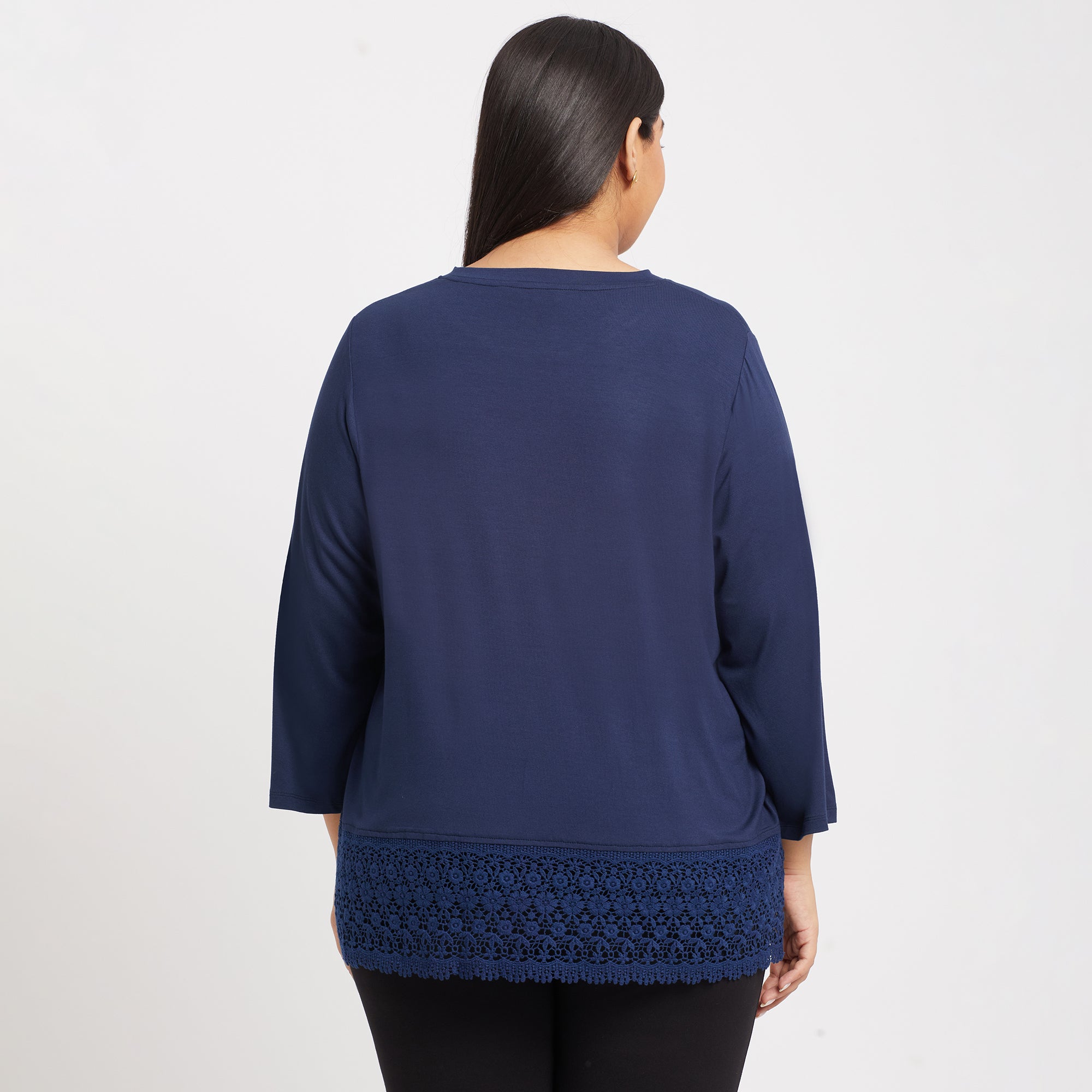 Lace Insert Navy Plus Size Viscose Top