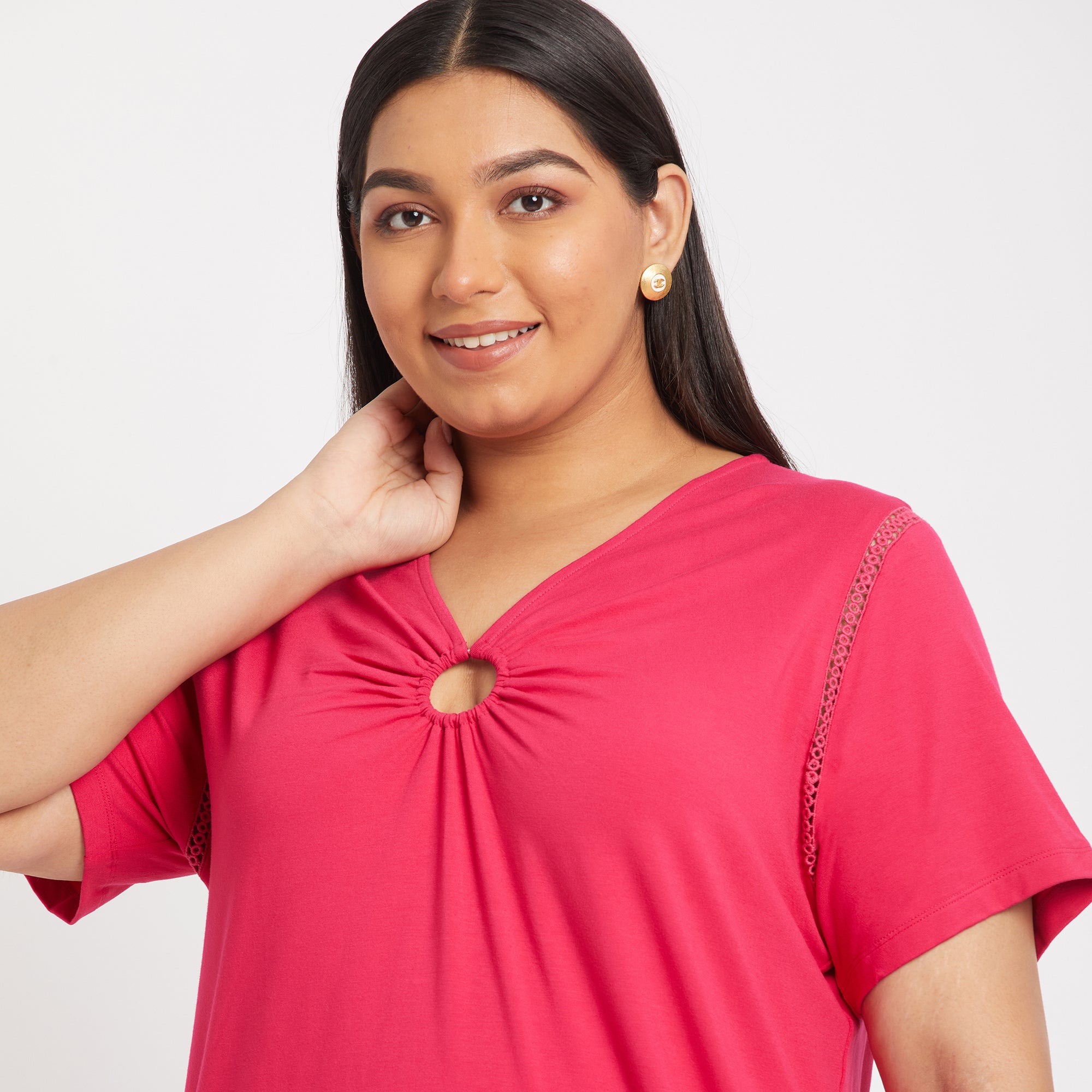 Pink Ring Detail Viscose Jersey Plus Size Top