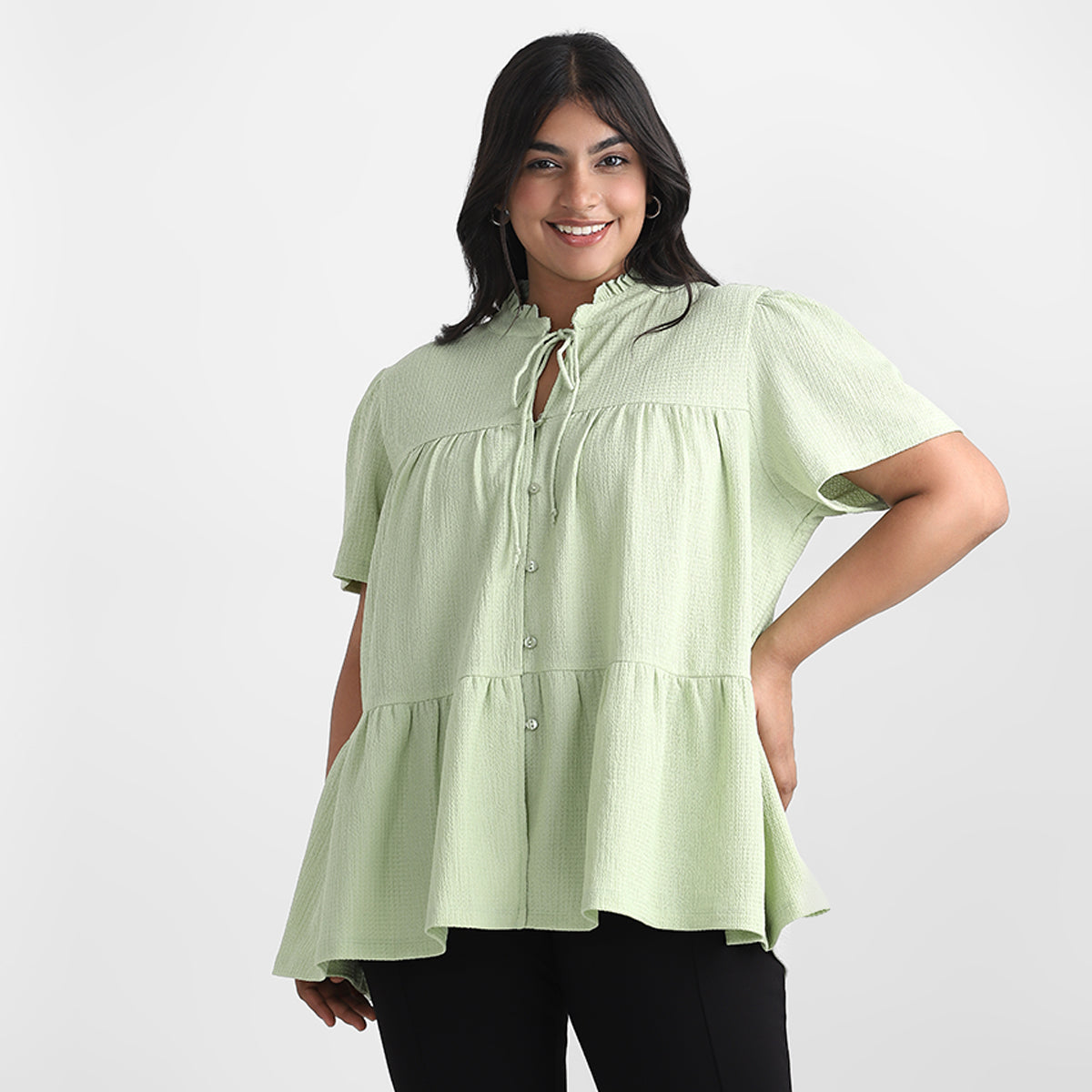 Green Texture Knit Plus Size Tier Top