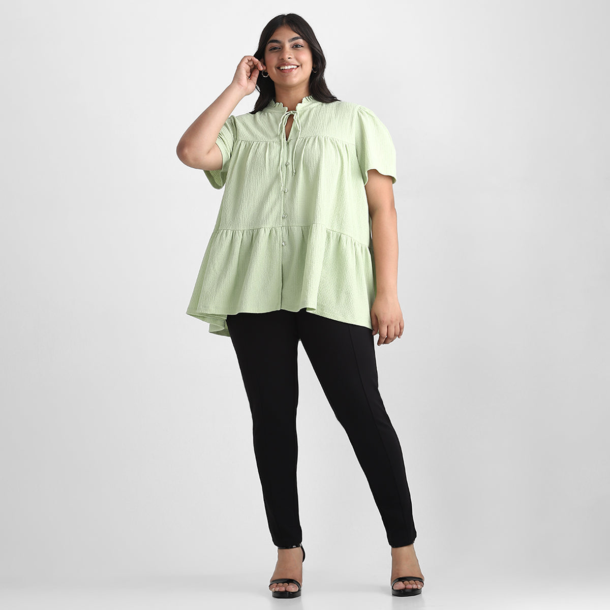 Green Texture Knit Plus Size Tier Top