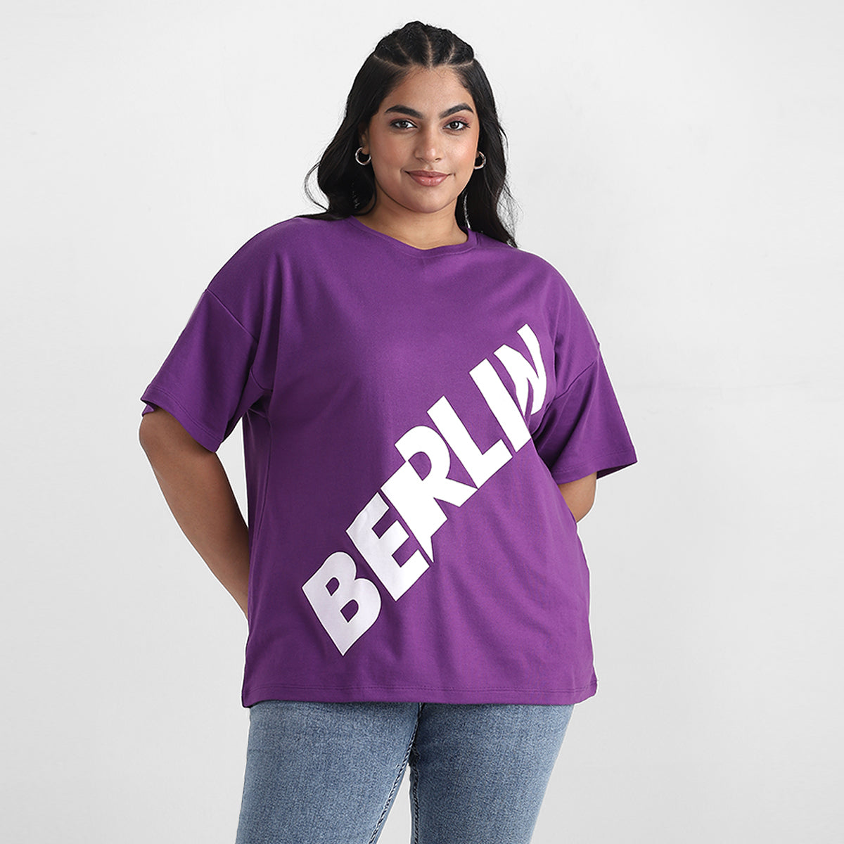 Purple Berlin Plus Size Chest Print Cotton Tee