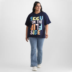 Navy Plus Size Chest Print Cotton Tee