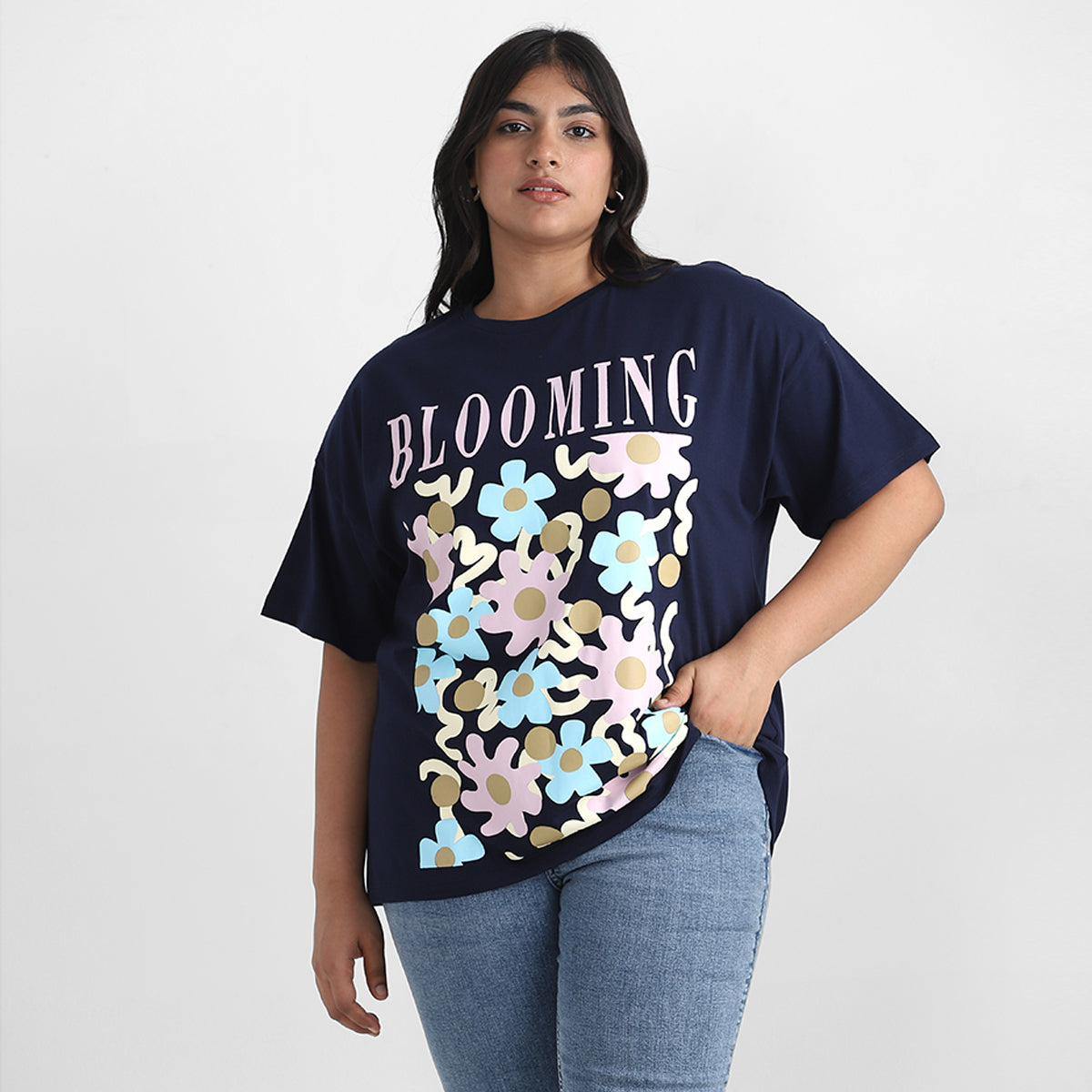 Black Blooming Plus Size Chest Print Cotton Tee