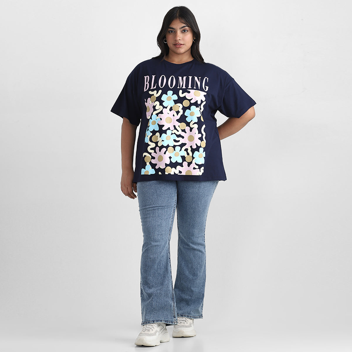Black Blooming Plus Size Chest Print Cotton Tee