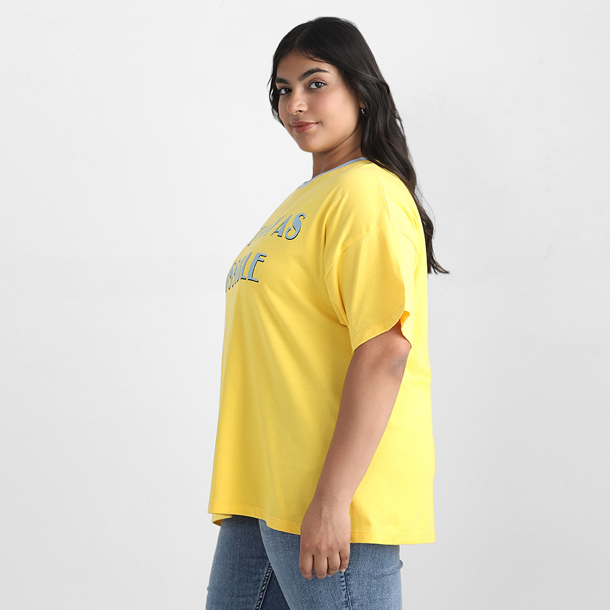 Yellow Contrast Plus Size Chest Print Cotton Tee