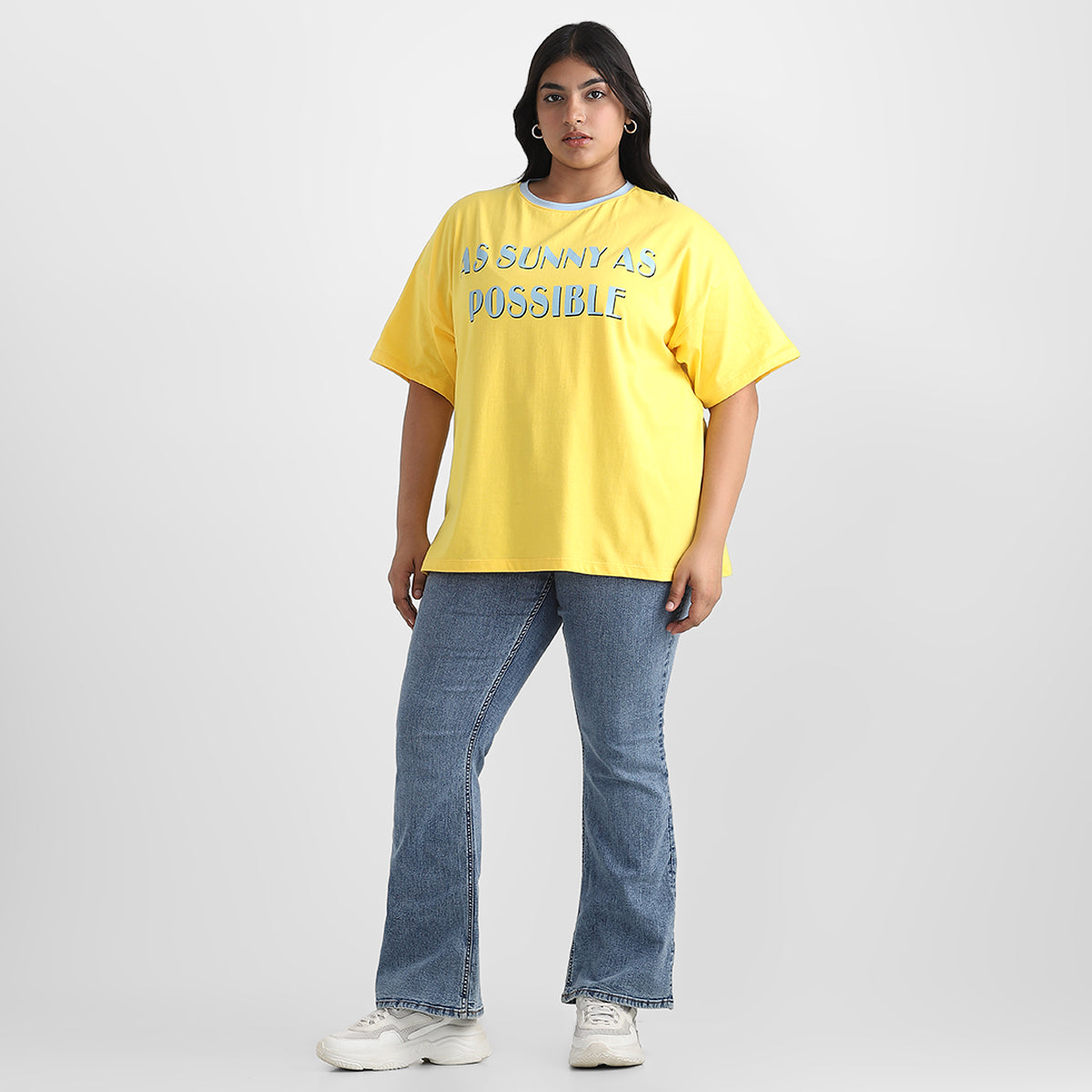 Yellow Contrast Plus Size Chest Print Cotton Tee