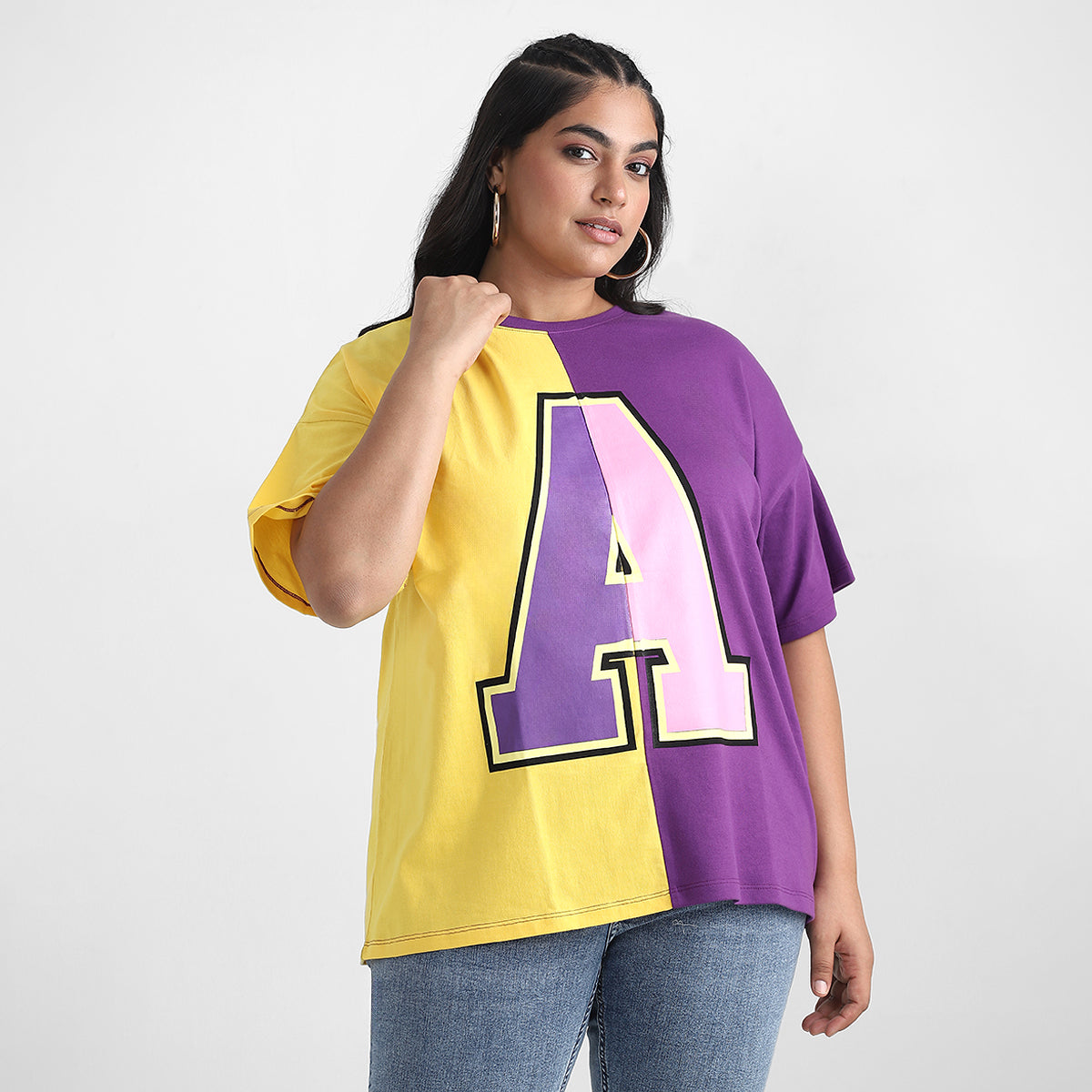 Purple Color Block Plus Size Chest Print Cotton Tee