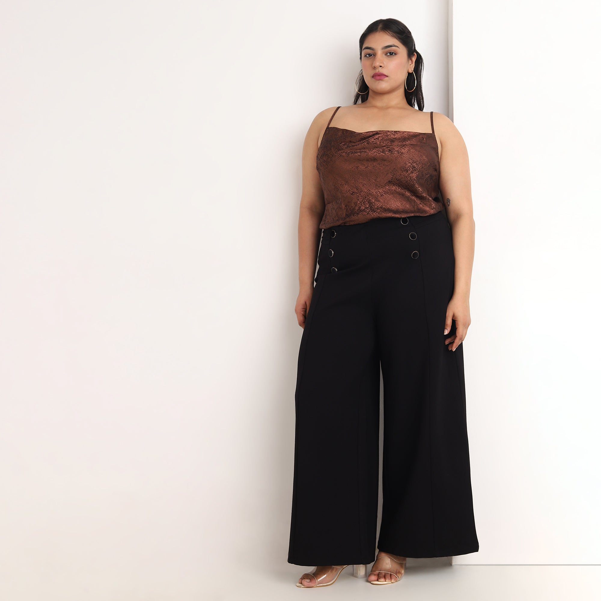 Black 4-Way Stretch Wide Leg Pants with Button Detail