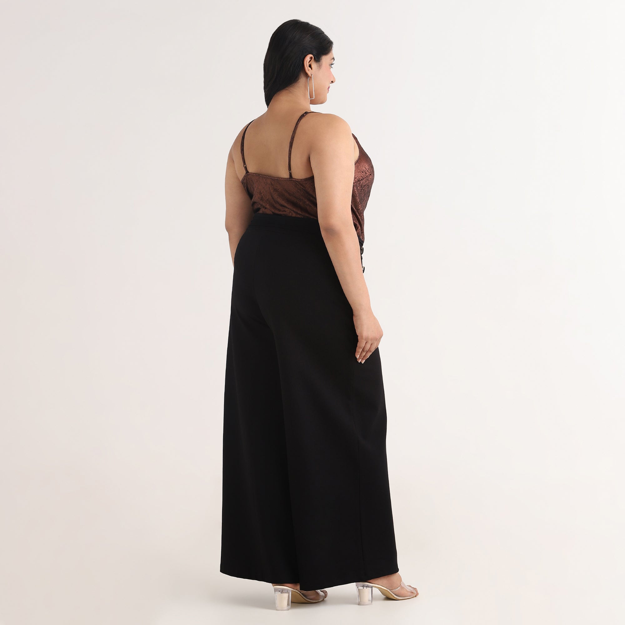 Black 4-Way Stretch Wide Leg Pants with Button Detail