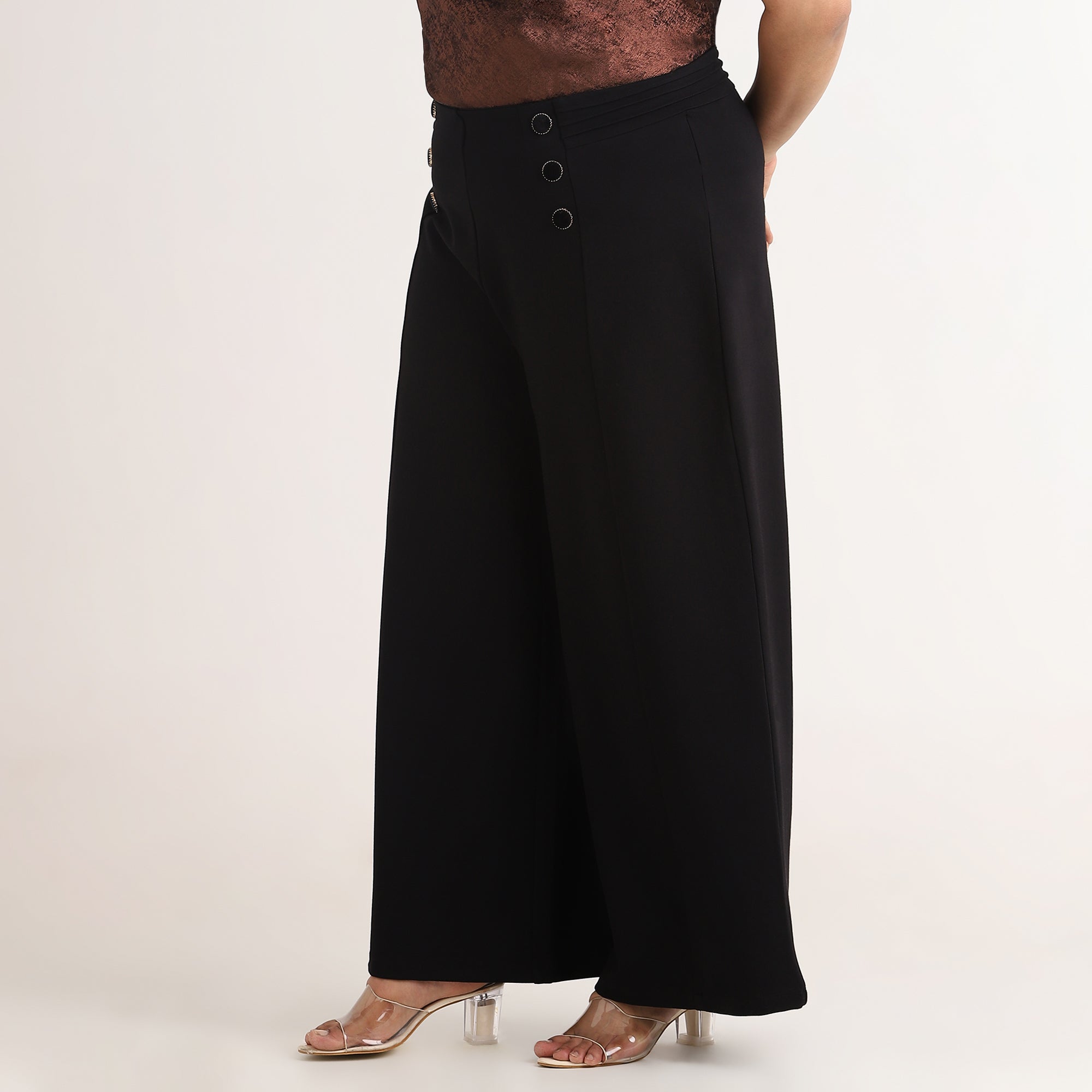 Black 4-Way Stretch Wide Leg Pants with Button Detail