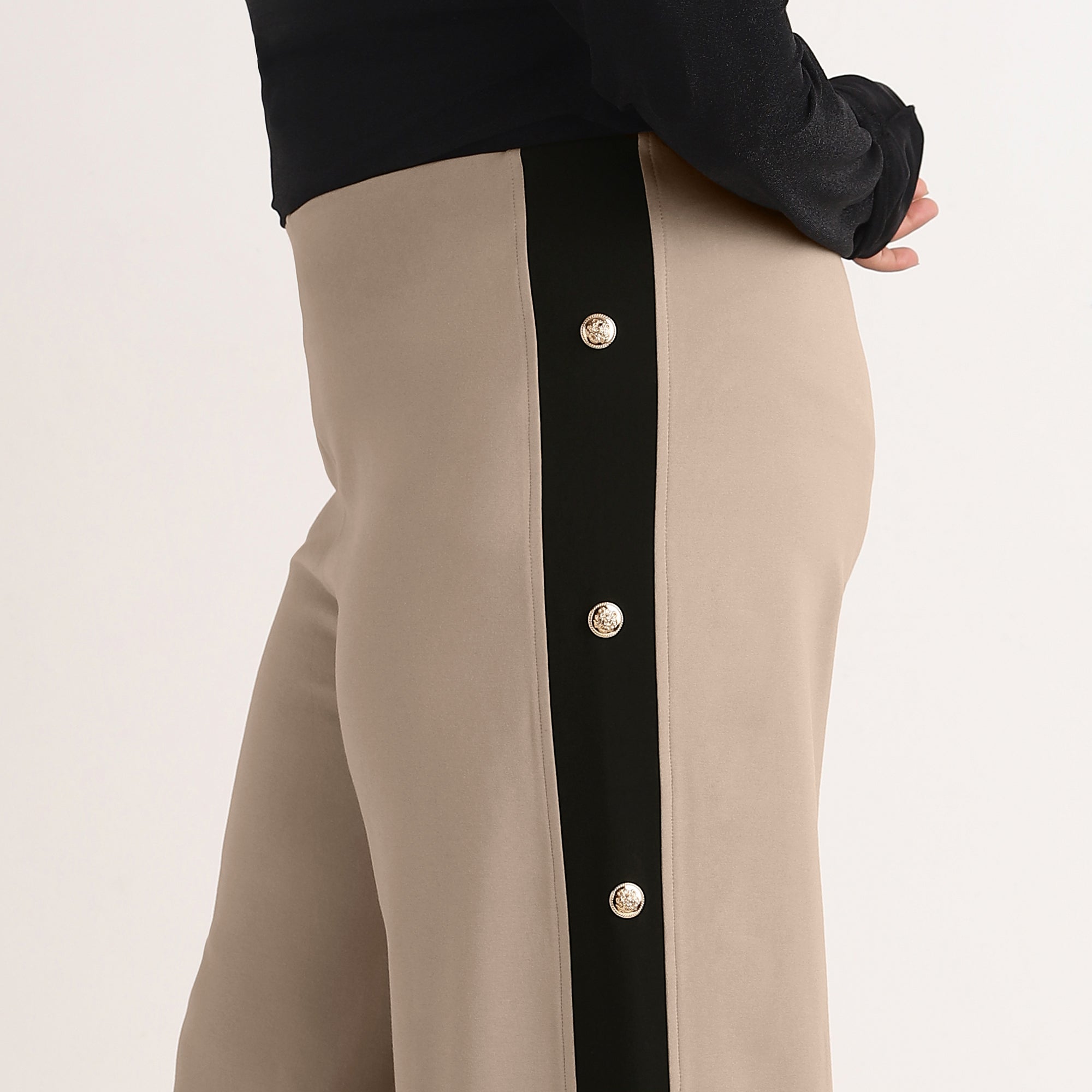 Beige 4-Way Stretch Wide Leg Pants with Contrast Detail & Buttons
