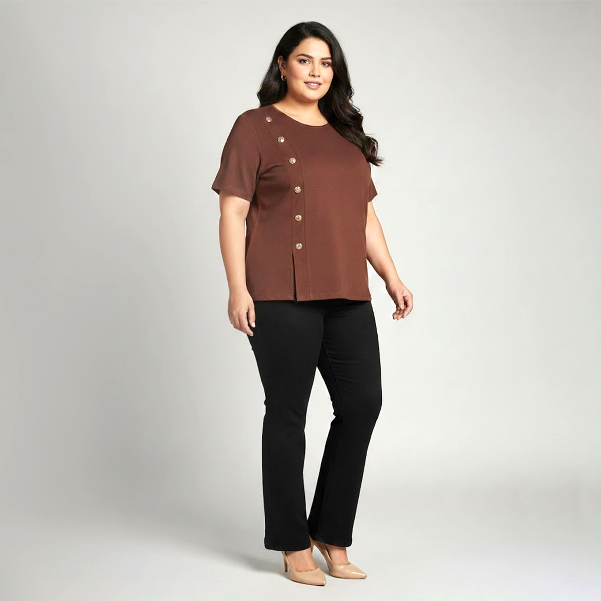 Brown Textured Knit Button-Front Everyday Top