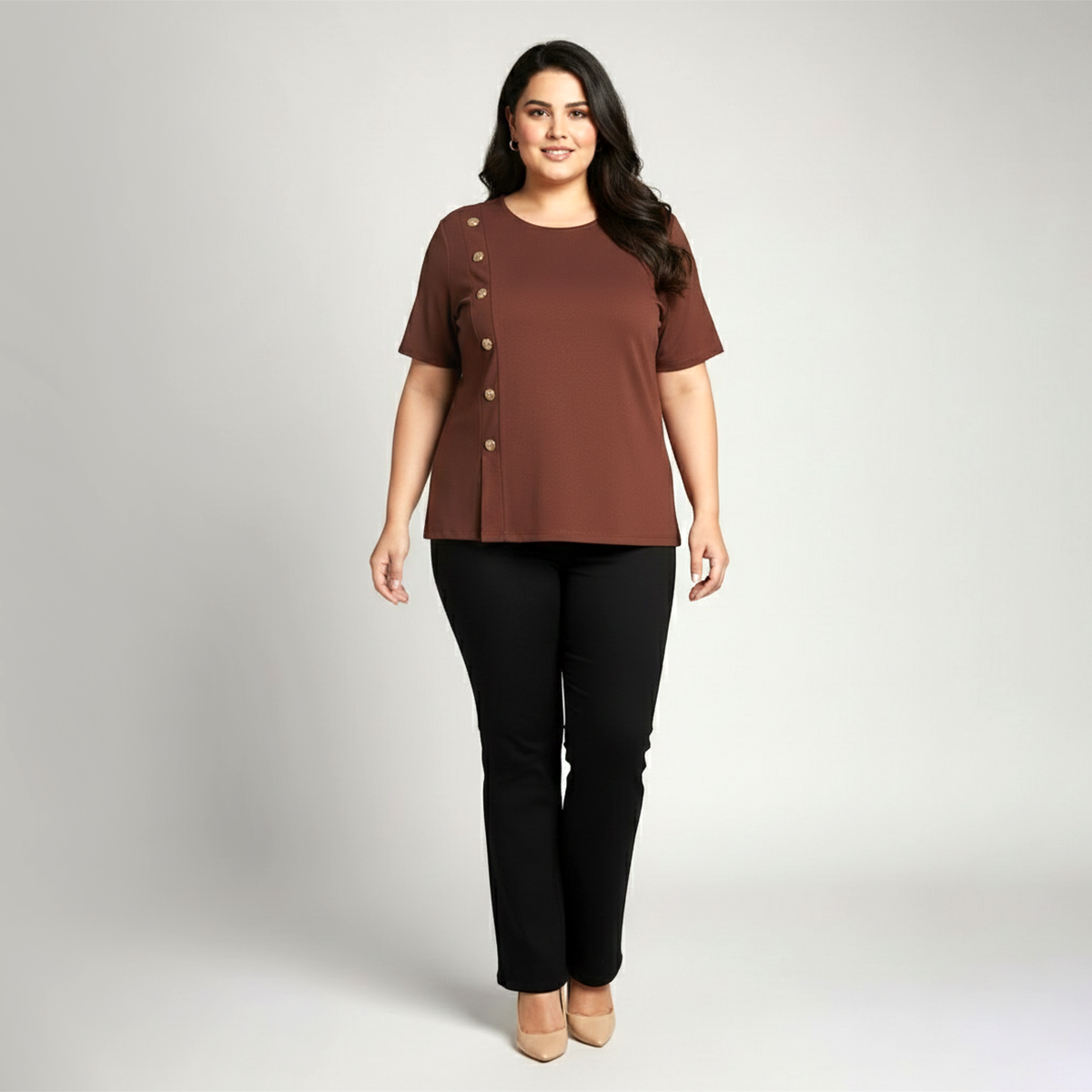 Brown Textured Knit Button-Front Everyday Top