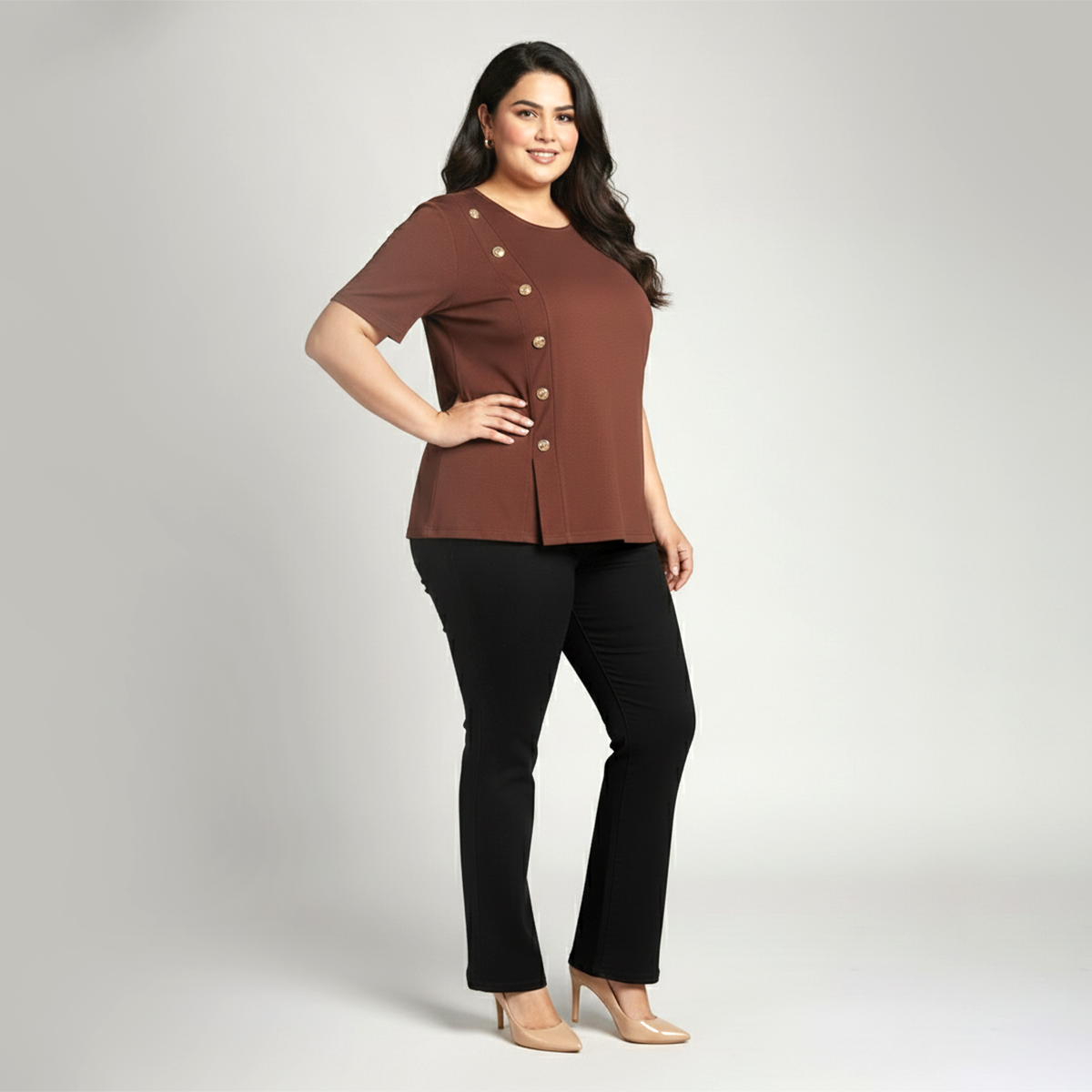 Brown Textured Knit Button-Front Everyday Top