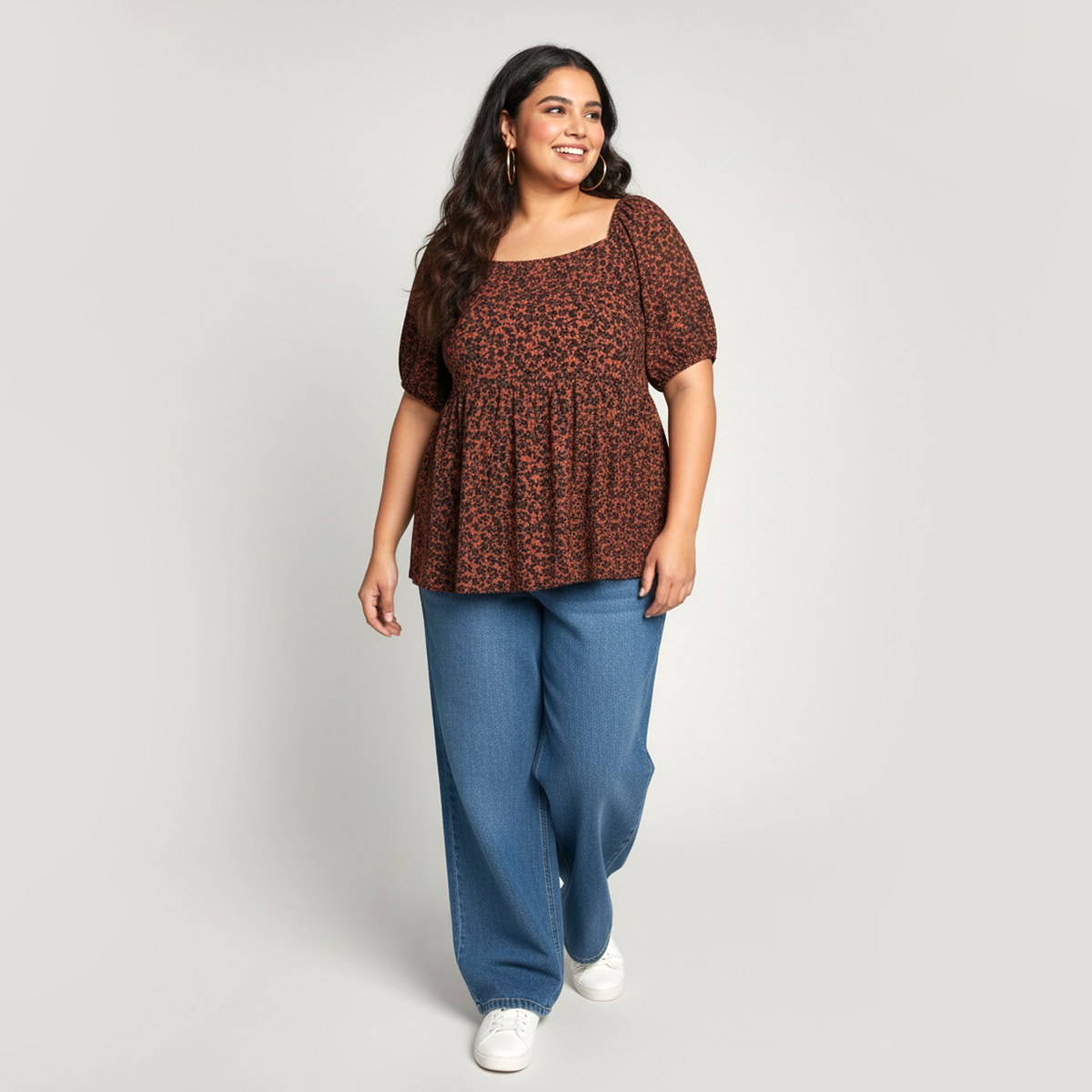 Brown Ditsy Floral Textured Knit Peplum Top