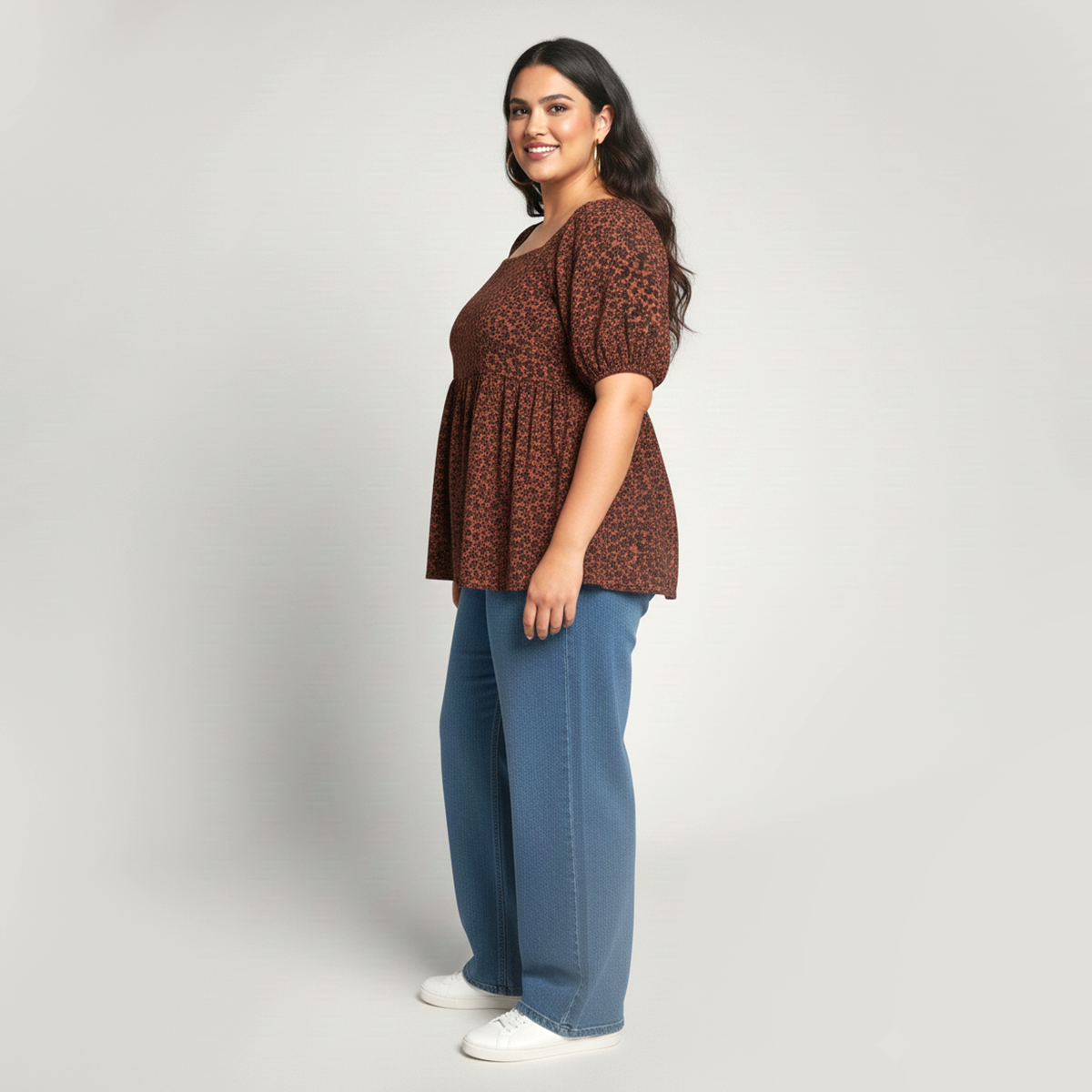 Brown Ditsy Floral Textured Knit Peplum Top