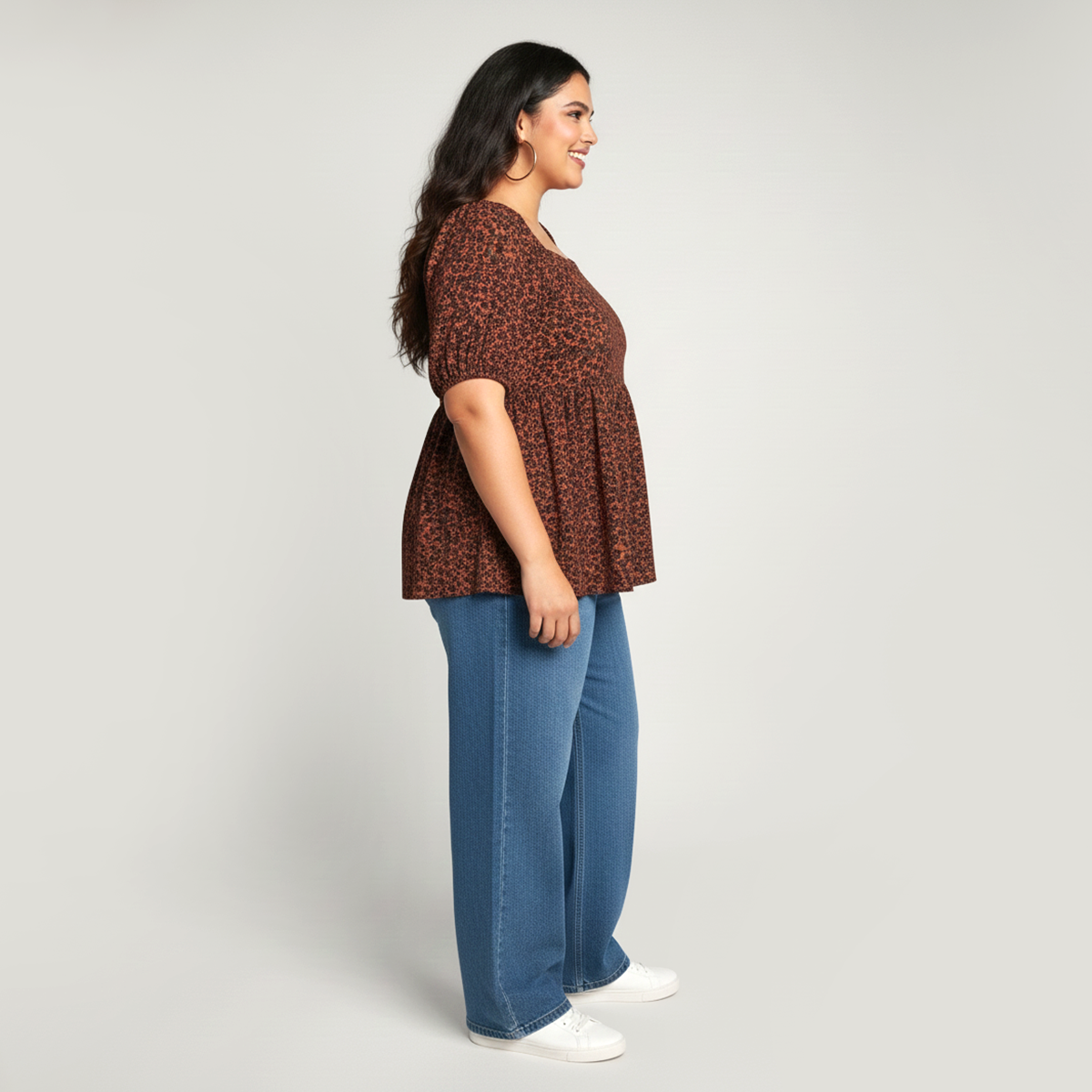 Brown Ditsy Floral Textured Knit Peplum Top