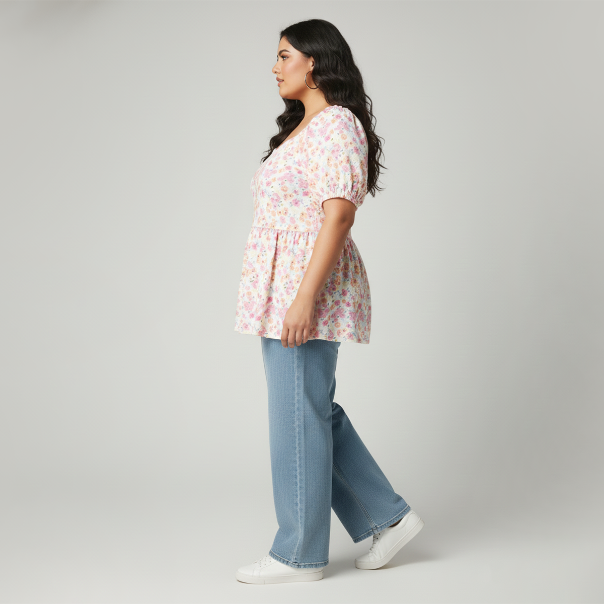 White Floral Textured Knit Peplum Top