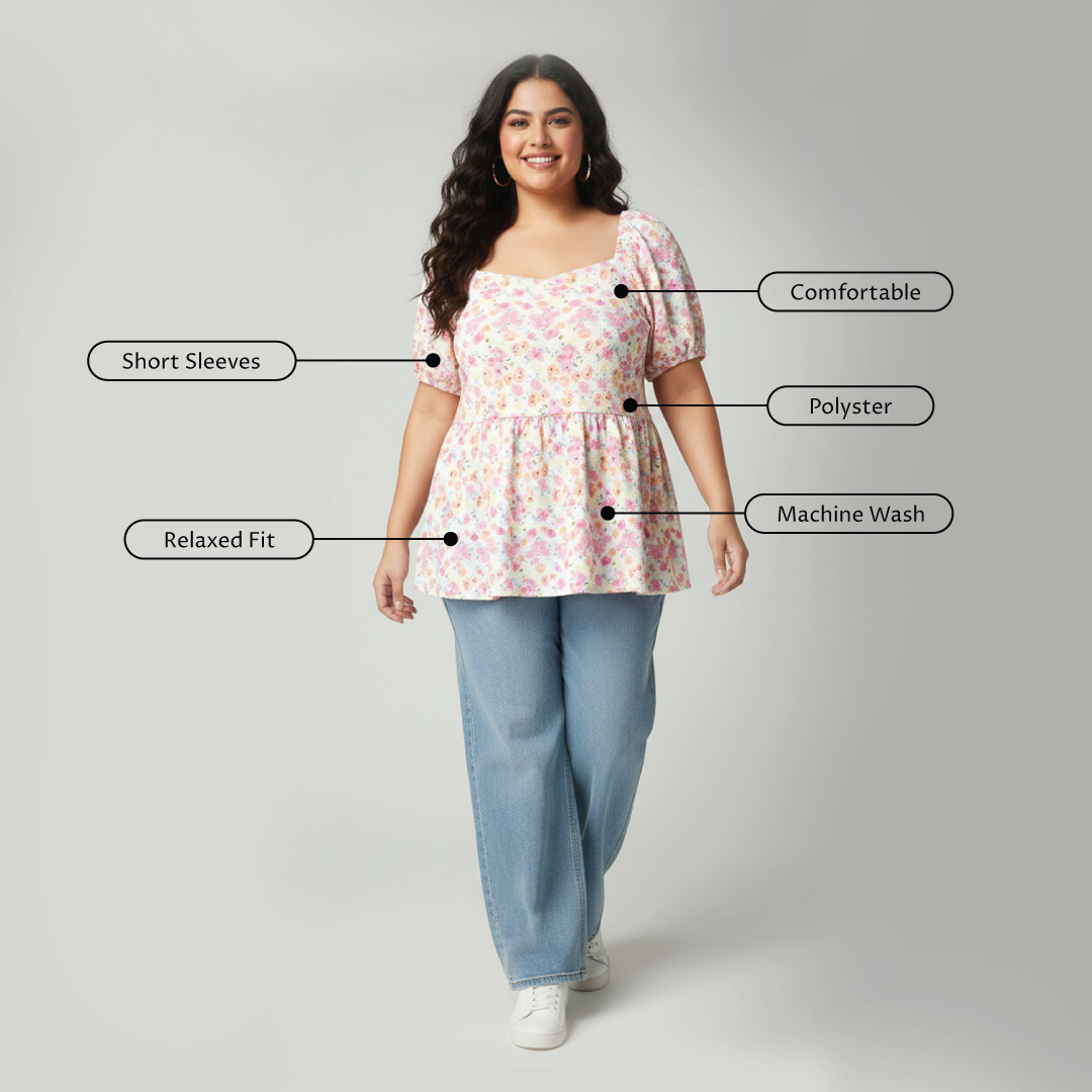 Brown Ditsy Floral Textured Knit Peplum Top