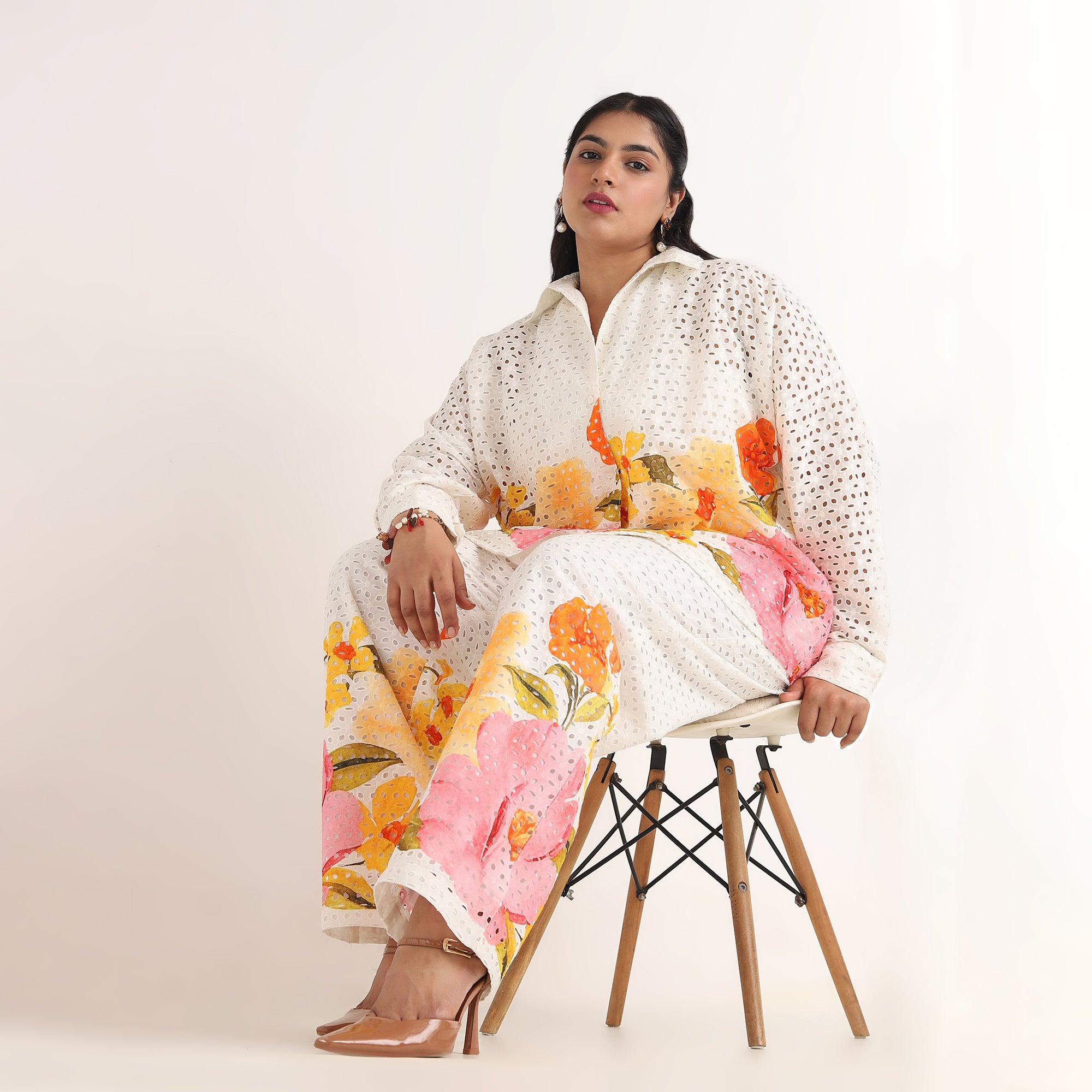 Floral Print Cutwork Embroidery Oversized Co-ord Set