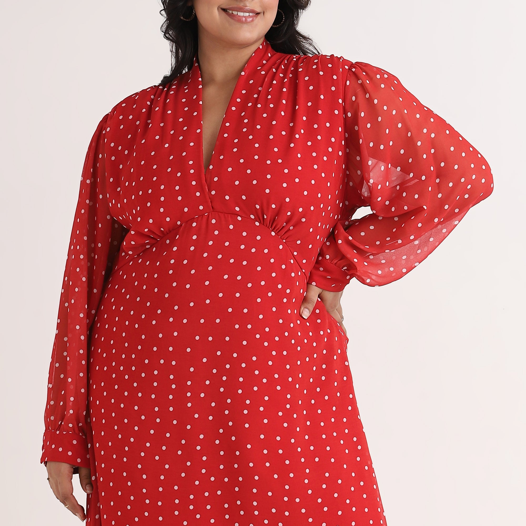 Polka Dot Printed V-Neck Maxi Dress