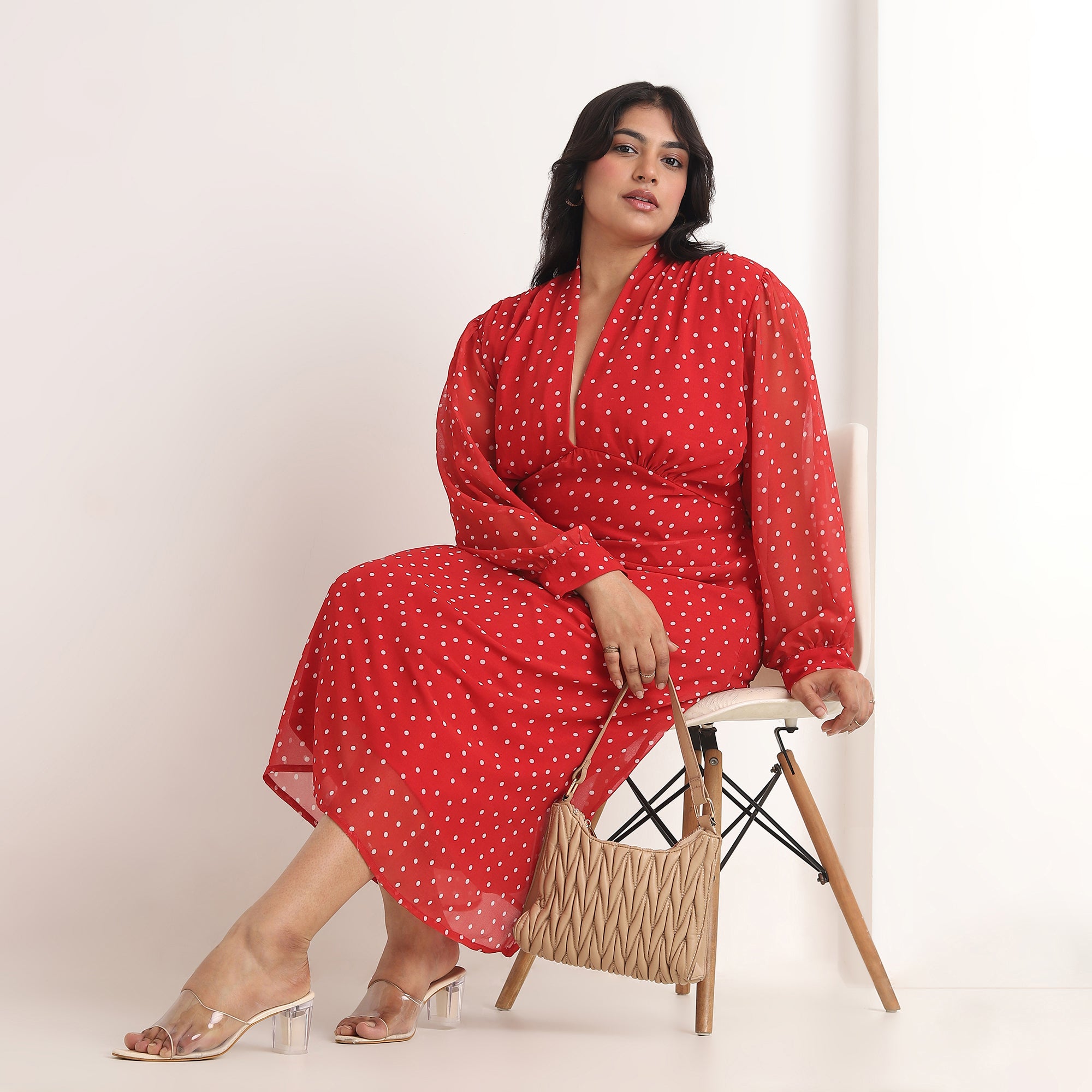 Polka Dot Printed V-Neck Maxi Dress