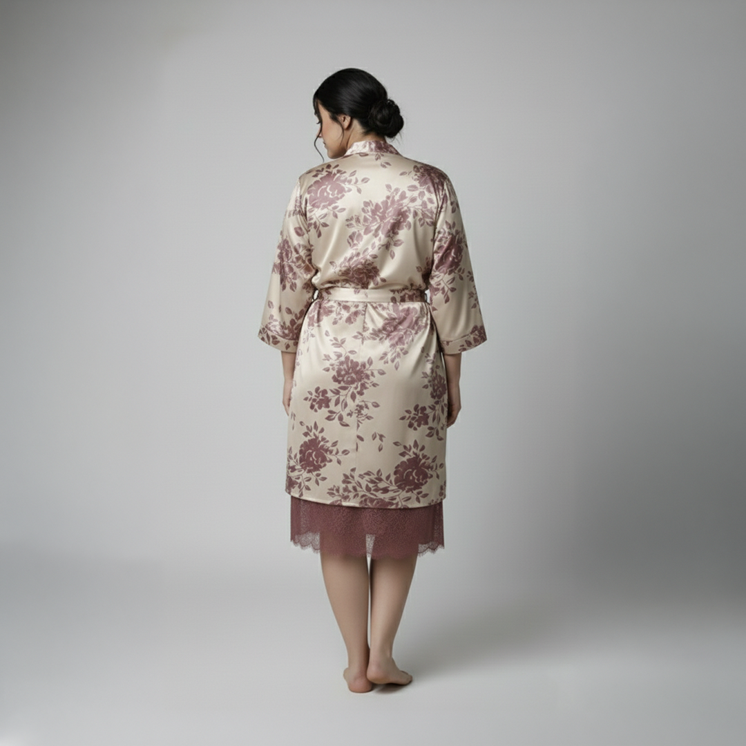 Pink Printed Satin Cowl Slip Nightdress And Robe Set