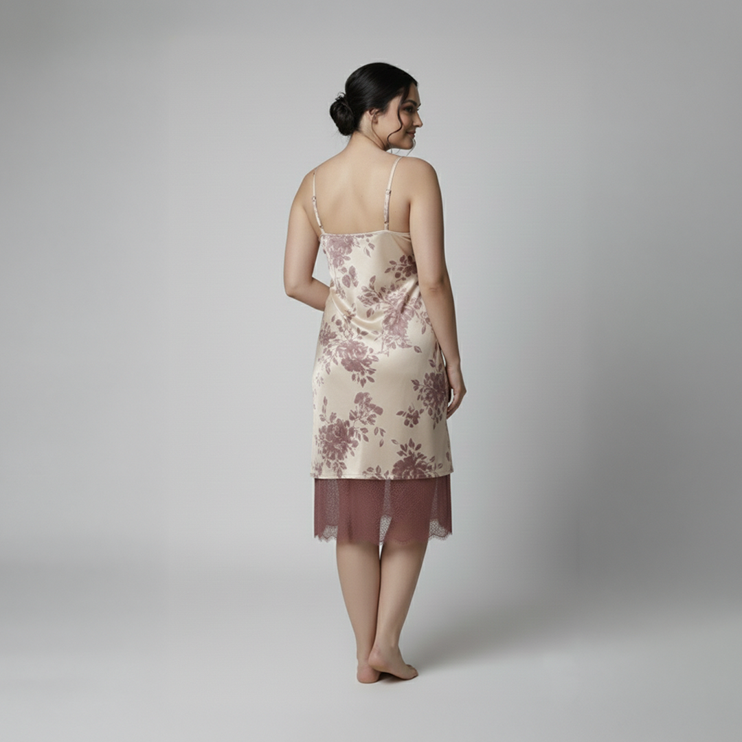 Pink Printed Satin Cowl Slip Nightdress And Robe Set