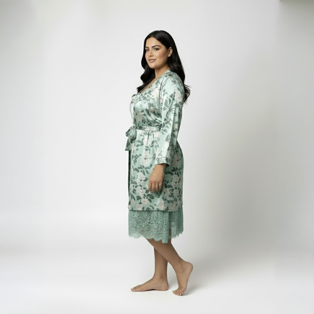 Light Green Printed Satin Cowl Slip Nightdress And Robe Set