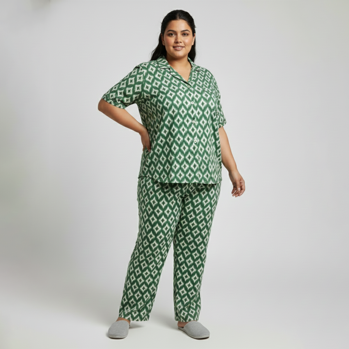 Green Ikat Print Short Sleeve Rayon PJ Set