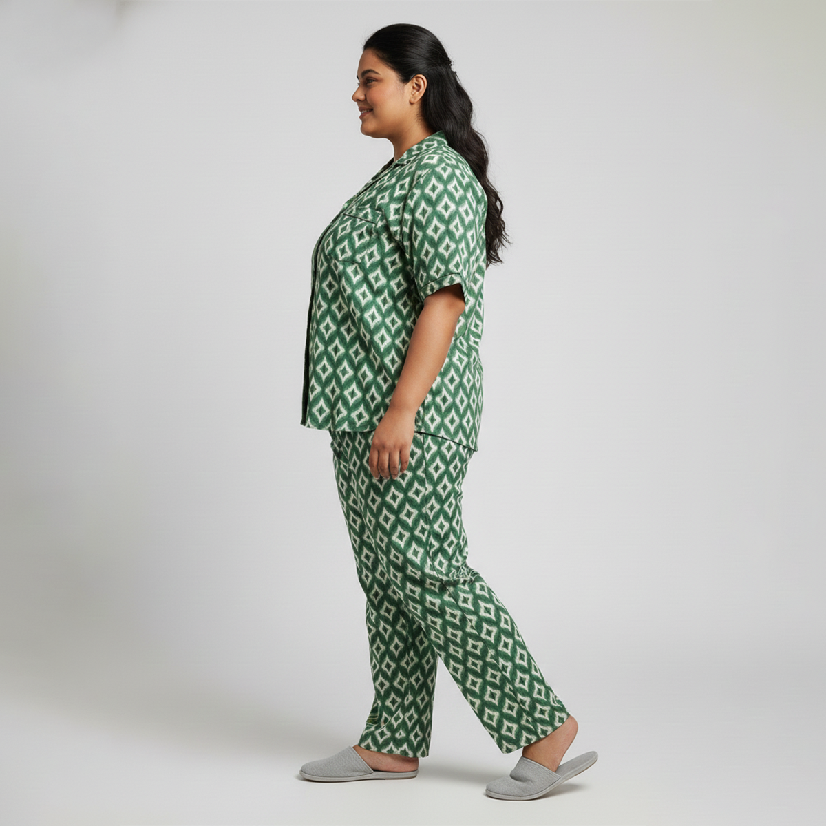 Green Ikat Print Short Sleeve Rayon PJ Set