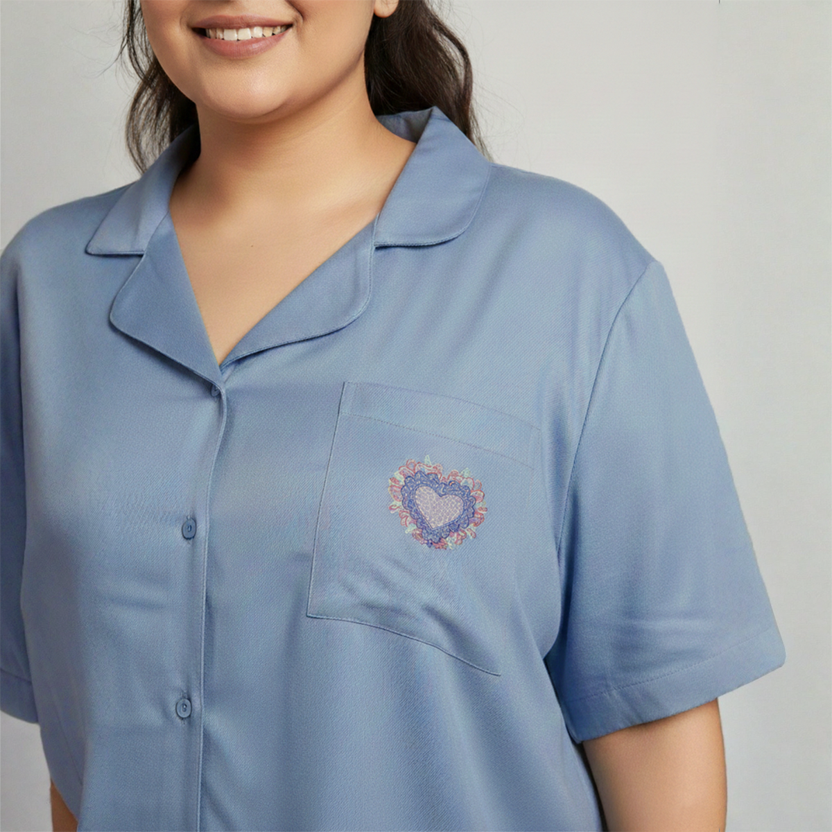 Blue Solid Short Sleeve Rayon Nightwear Set