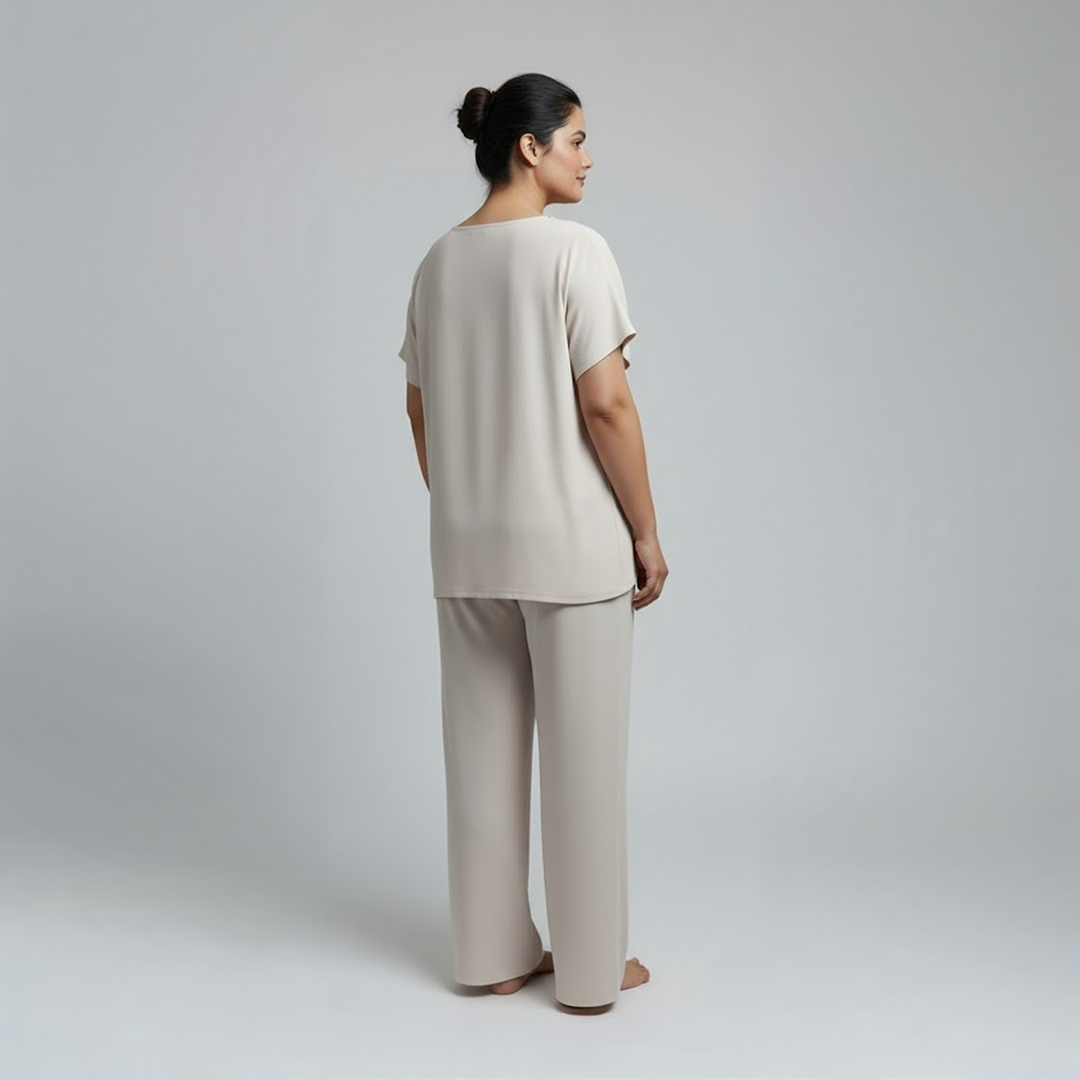 Beige Round Neck PJ Set with Rhinestone Detail