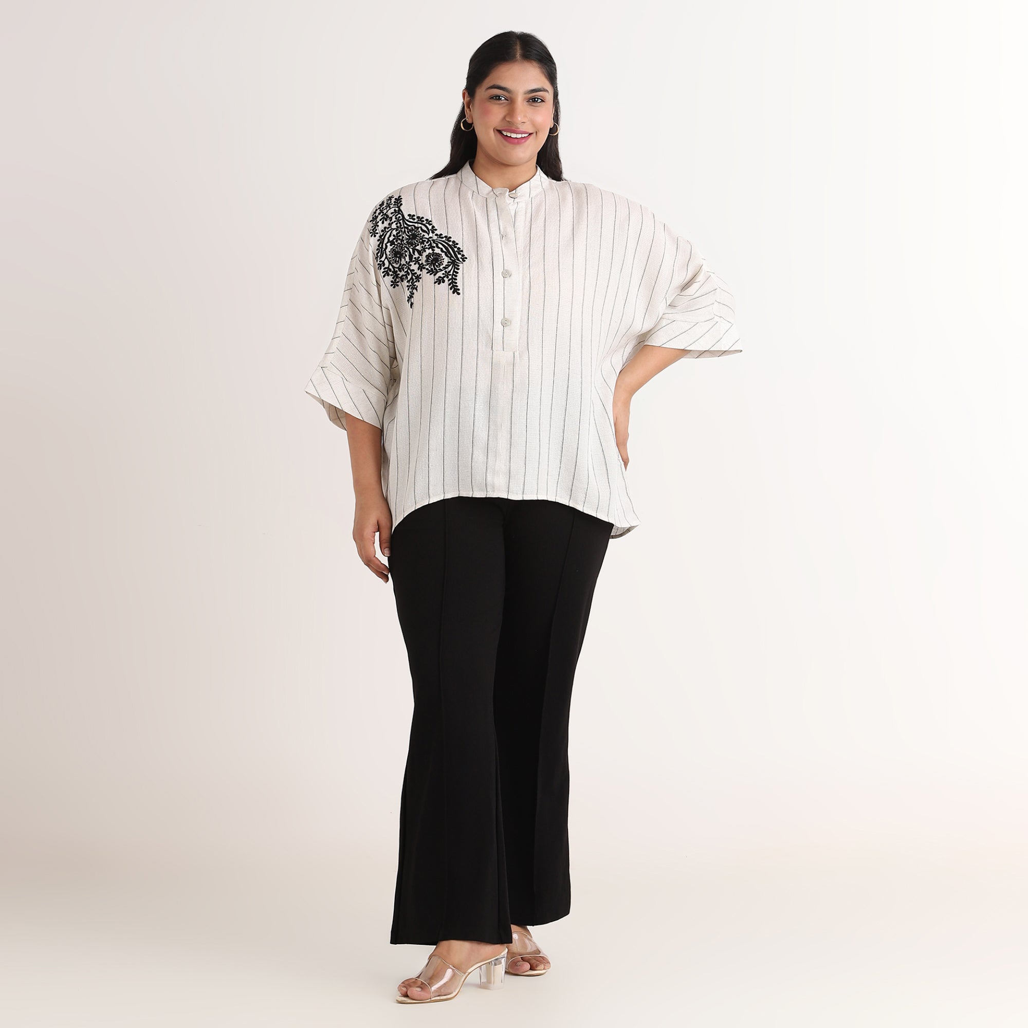 Beige with Lurex Stripe Embroidered Oversized Shirt