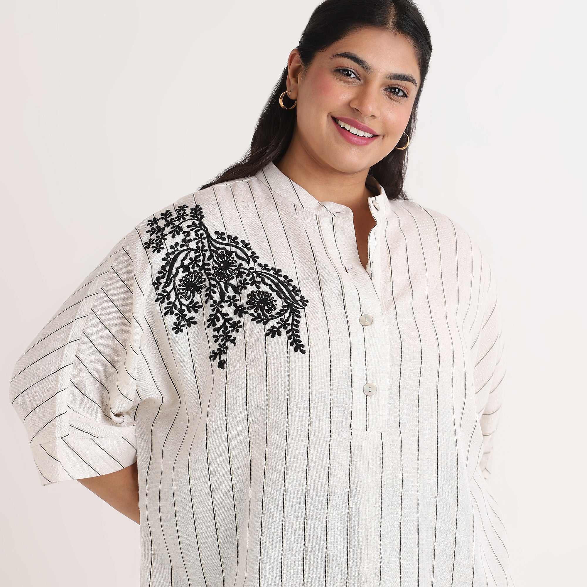 Beige with Lurex Stripe Embroidered Oversized Shirt