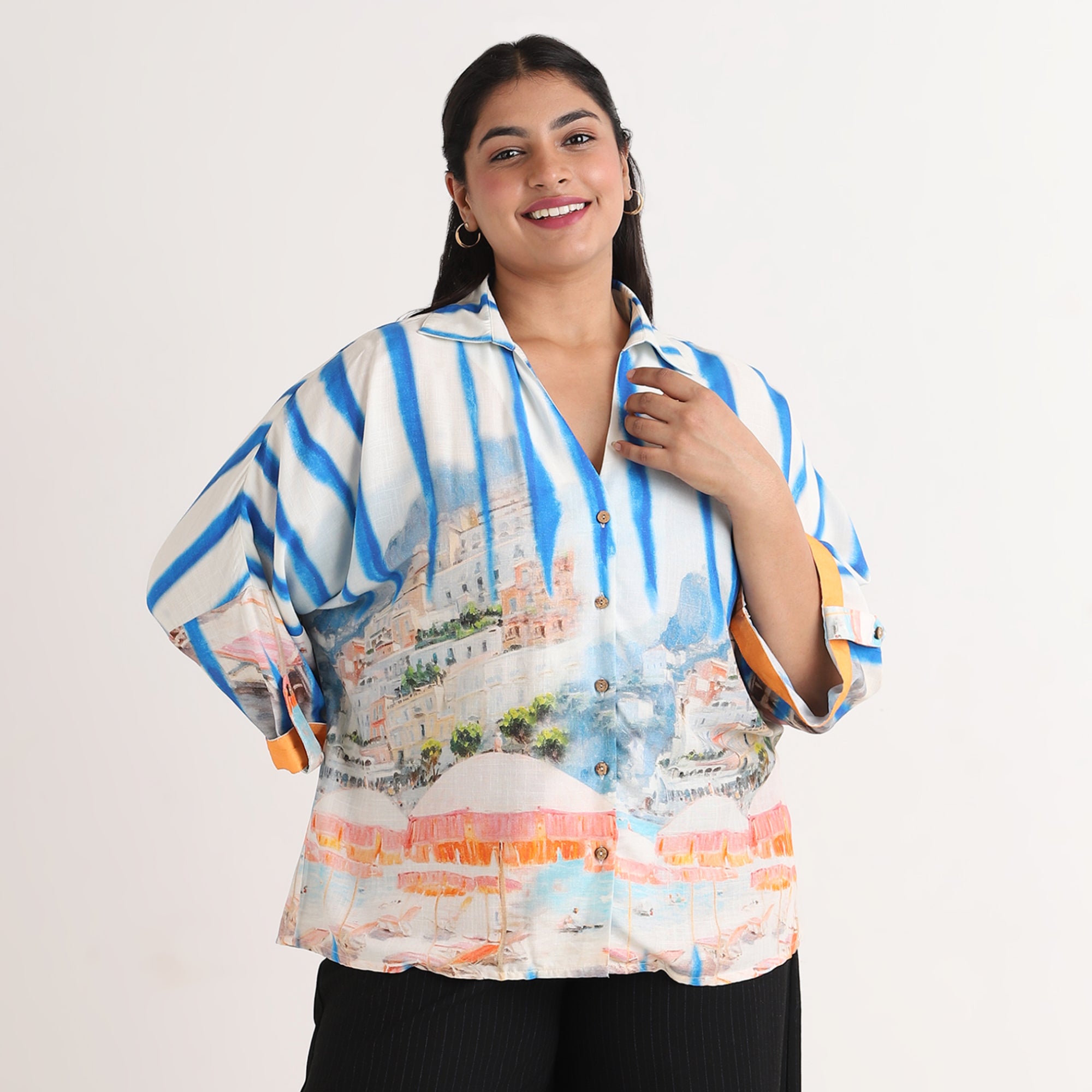 Blue Landscape Print oversized shirt
